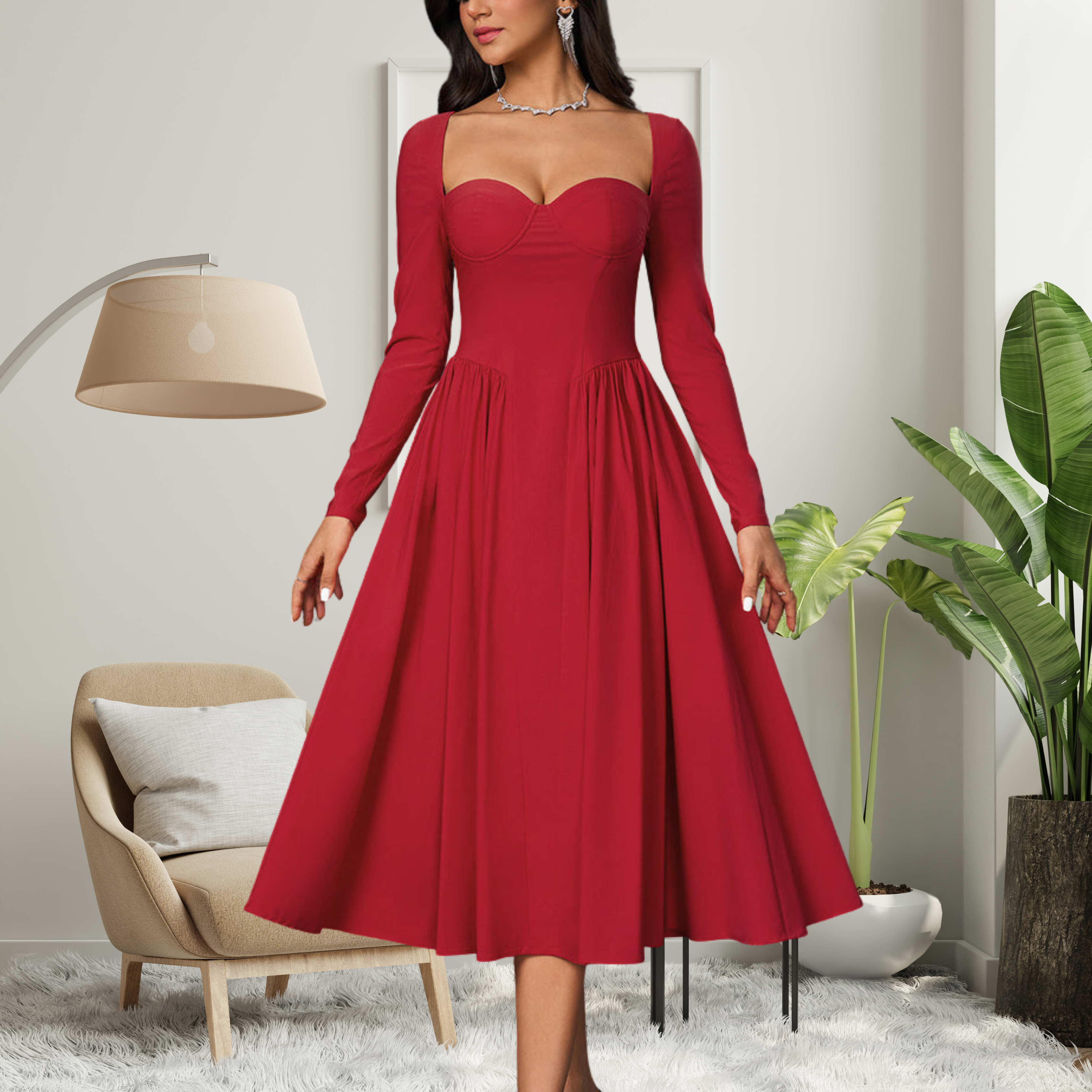 Amelie | Elegant Heart Neckline Long Sleeve A-Line Maxi Dress