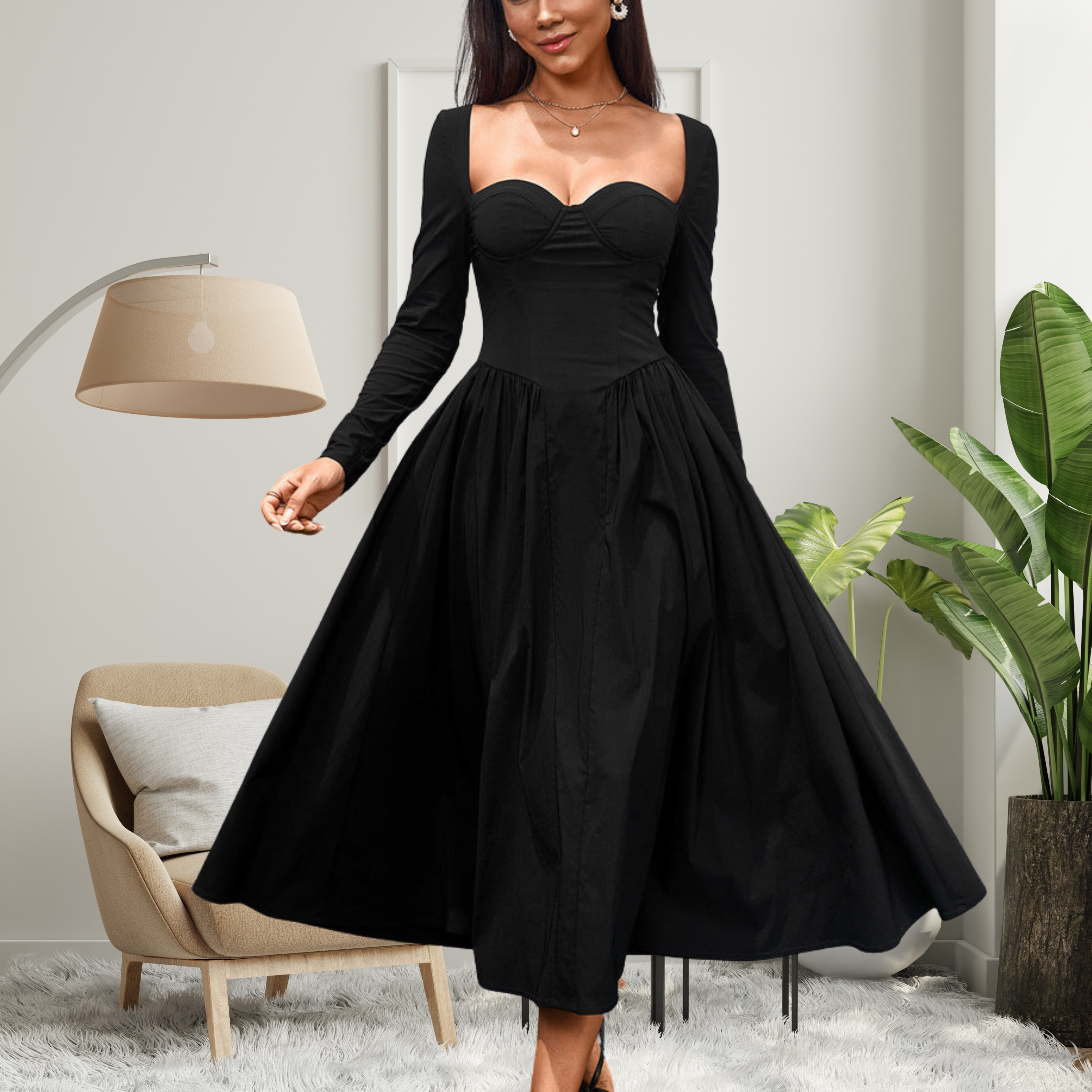 Amelie | Elegant Heart Neckline Long Sleeve A-Line Maxi Dress
