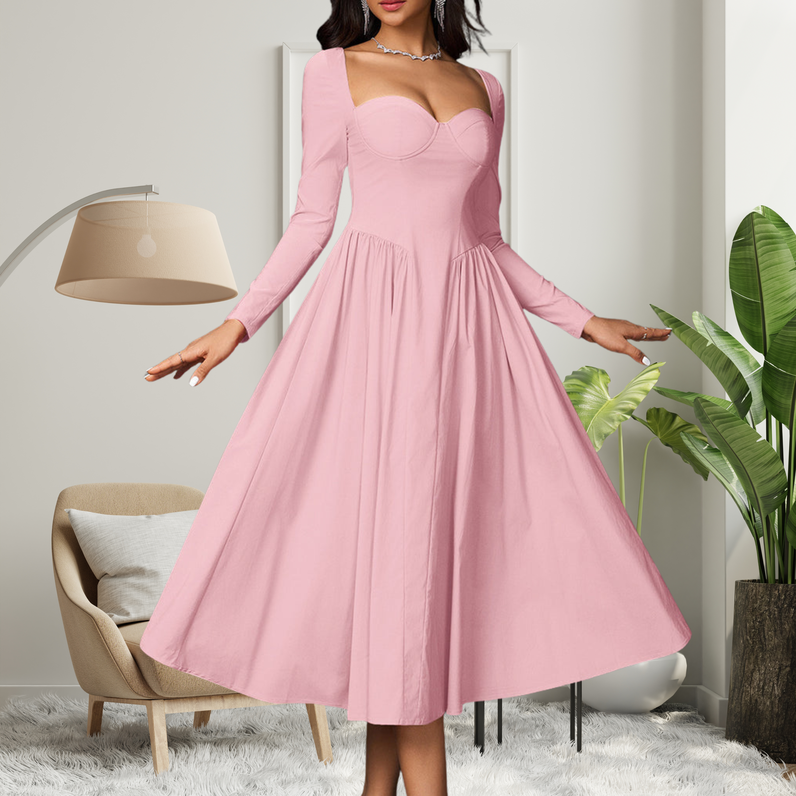 Amelie | Elegant Heart Neckline Long Sleeve A-Line Maxi Dress