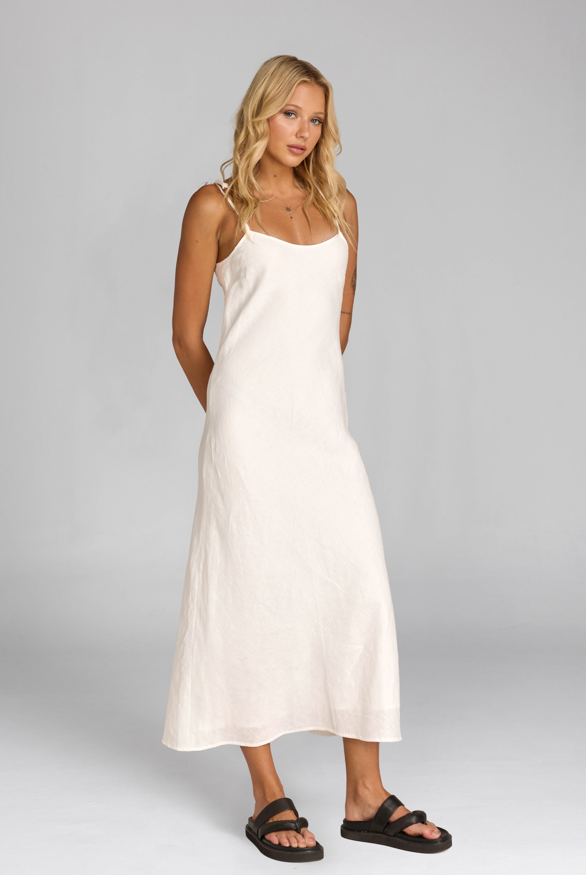Bow | Women's Effortless Ivory Bias-Cut Slip Linen Midi Dress