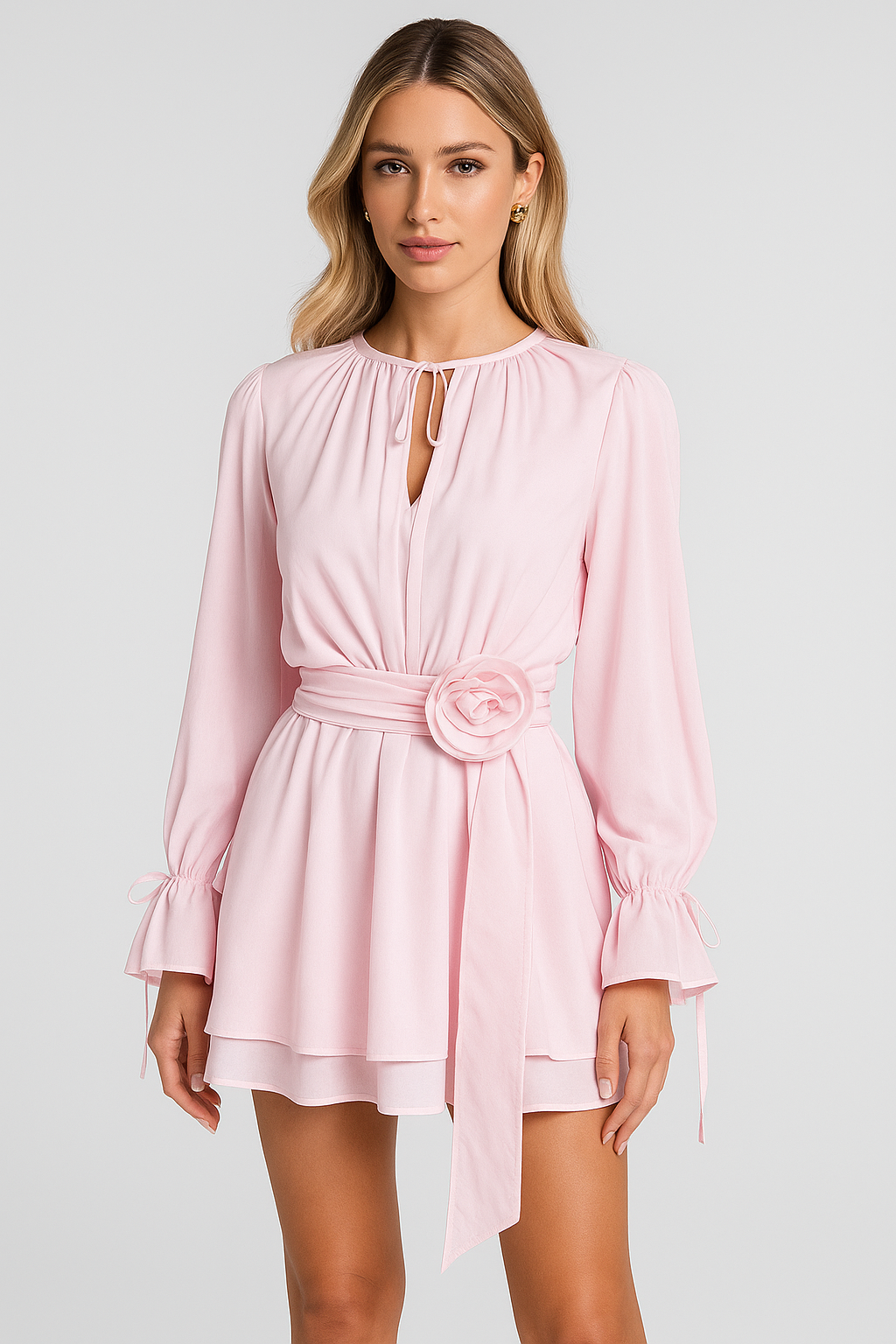Rosette | Women's Belted Chiffon Bishop-Sleeve Mini Dress