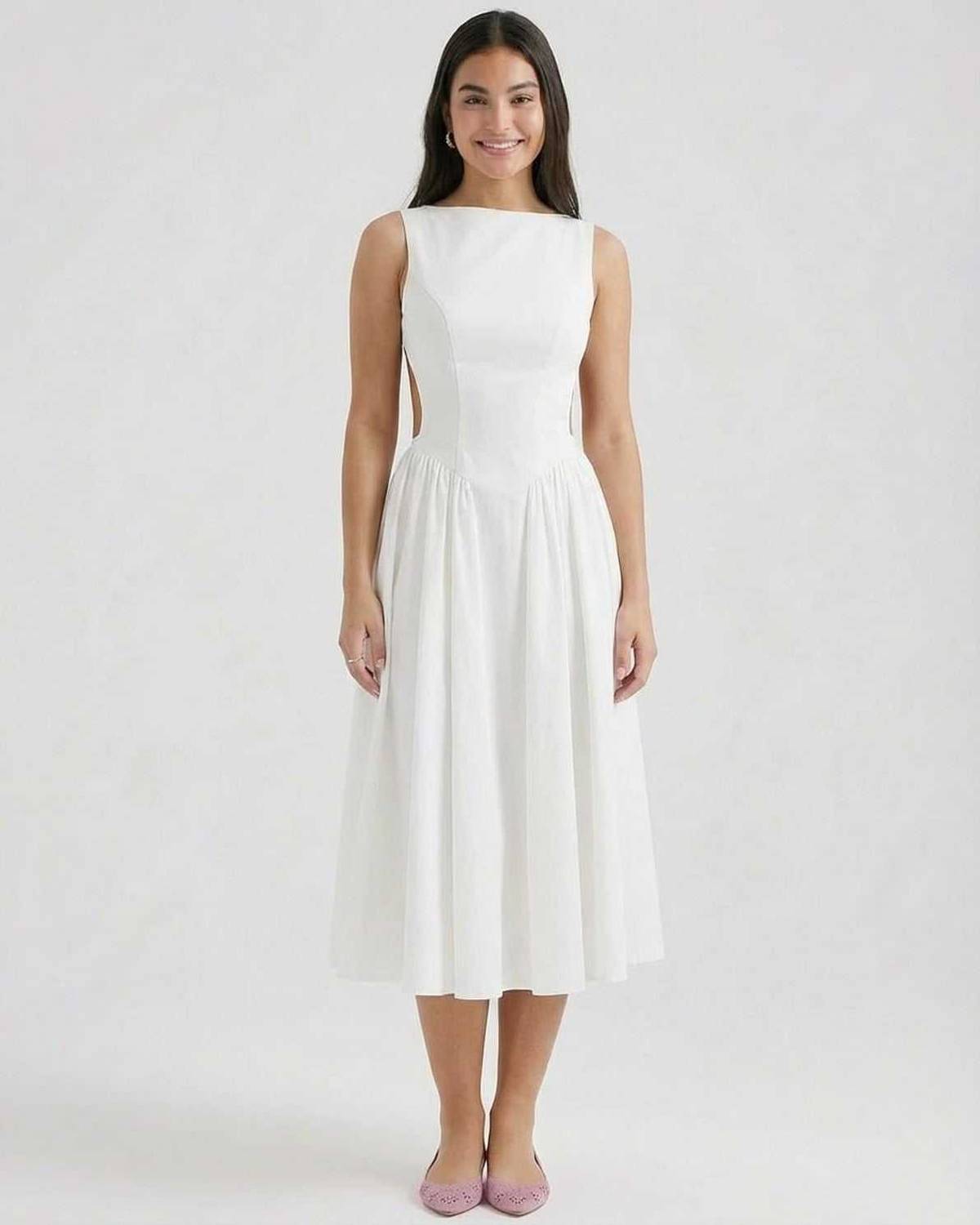 Halle | Minimalist Round-Neck White Open-Back A-Line Midi Dress