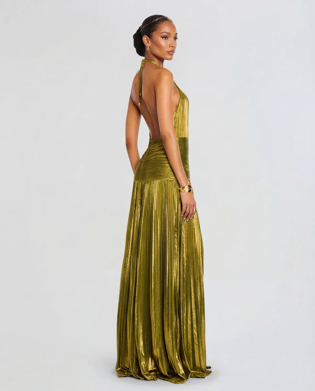 Avery | Women's Metallic Gold Pleated Halter Plunge Maxi Dress