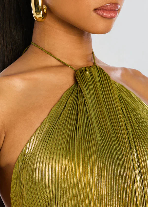 Avery | Women's Metallic Gold Pleated Halter Plunge Maxi Dress