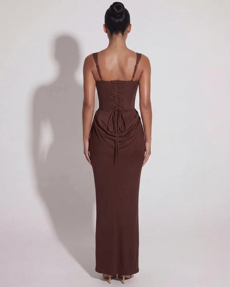 Eleonora | Women's Lace-Up Straight-Neckline Structural Maxi Gown