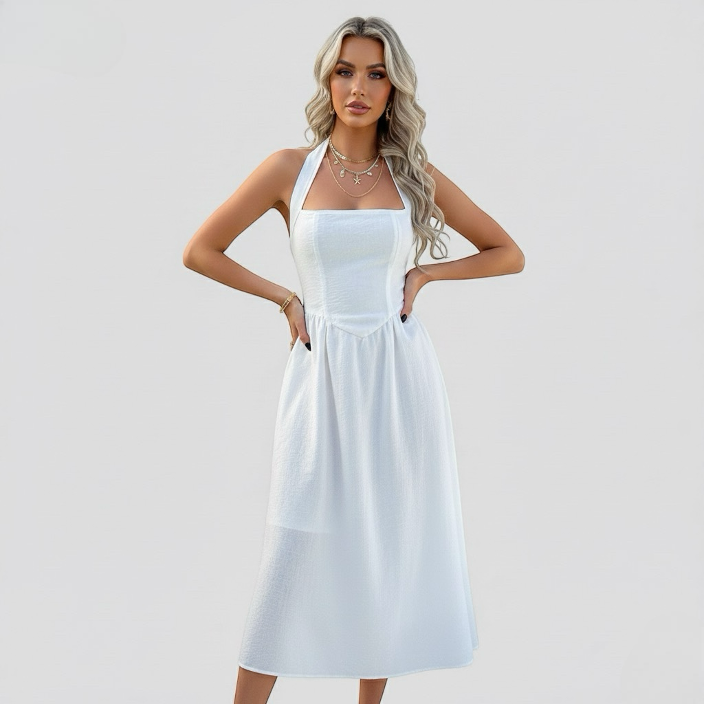 Lucienne | Vintage Sleeveless Halter Neck A Line Maxi Dress