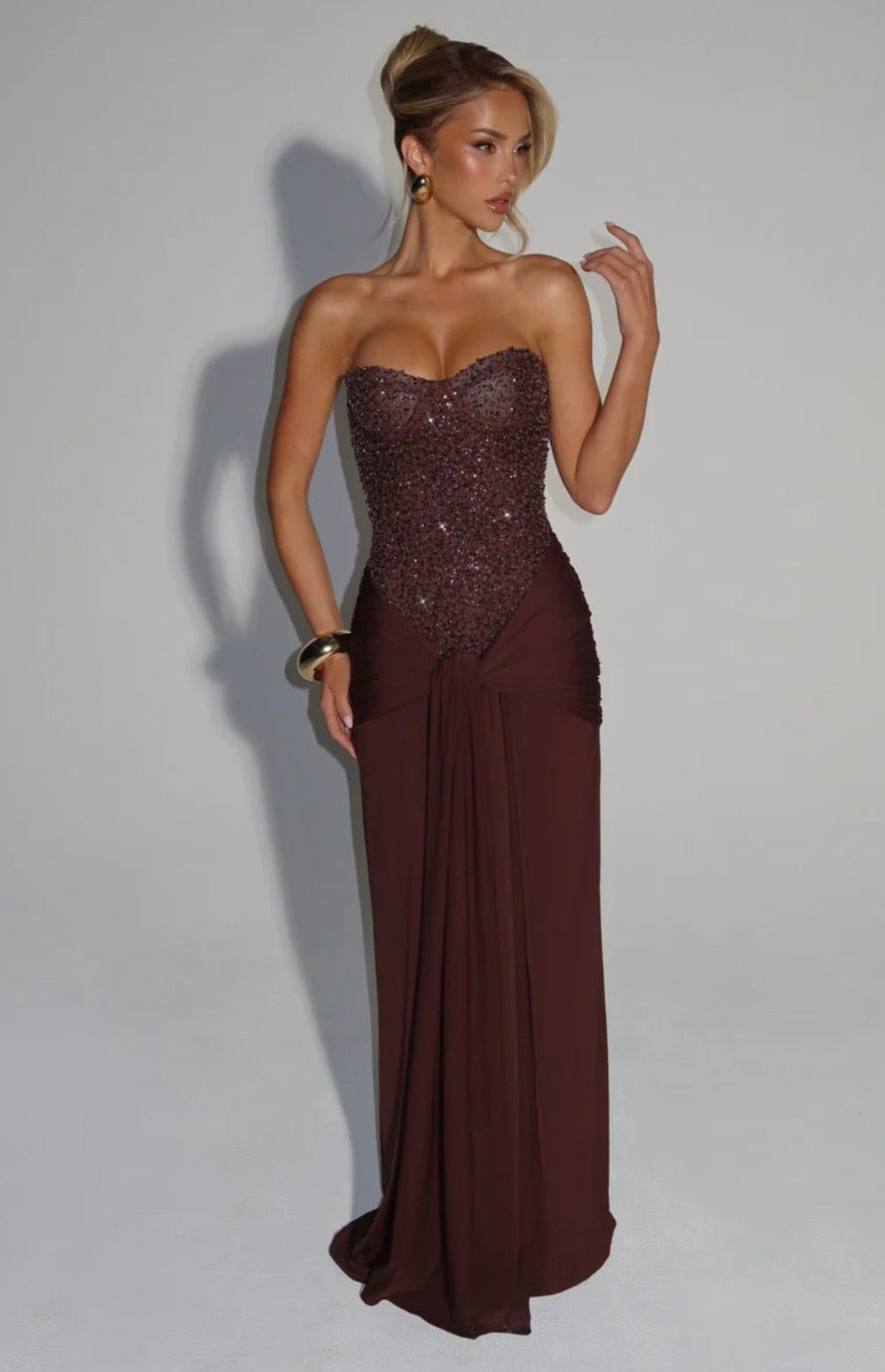 Esmeralda | Women's Embellished Mesh Dropped-Waist Maxi Gown