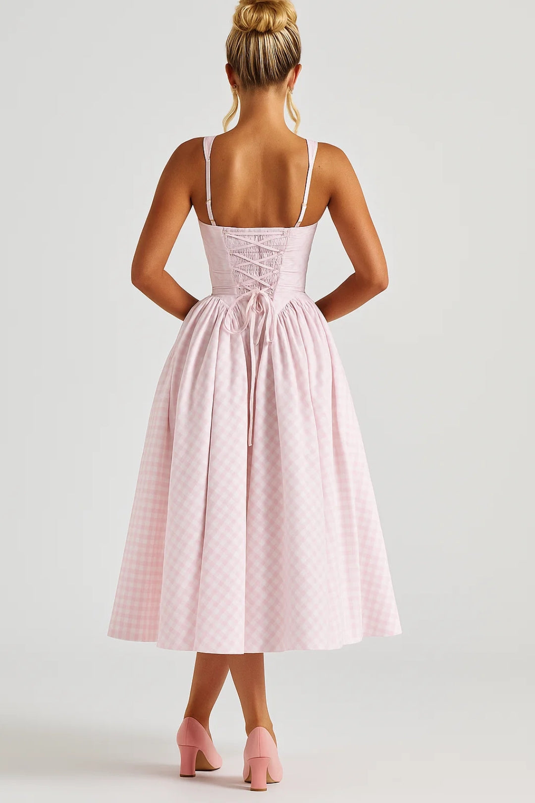 Nicolle | Women's Square Neck Flared Sleeveless Retro Check Midi Dress