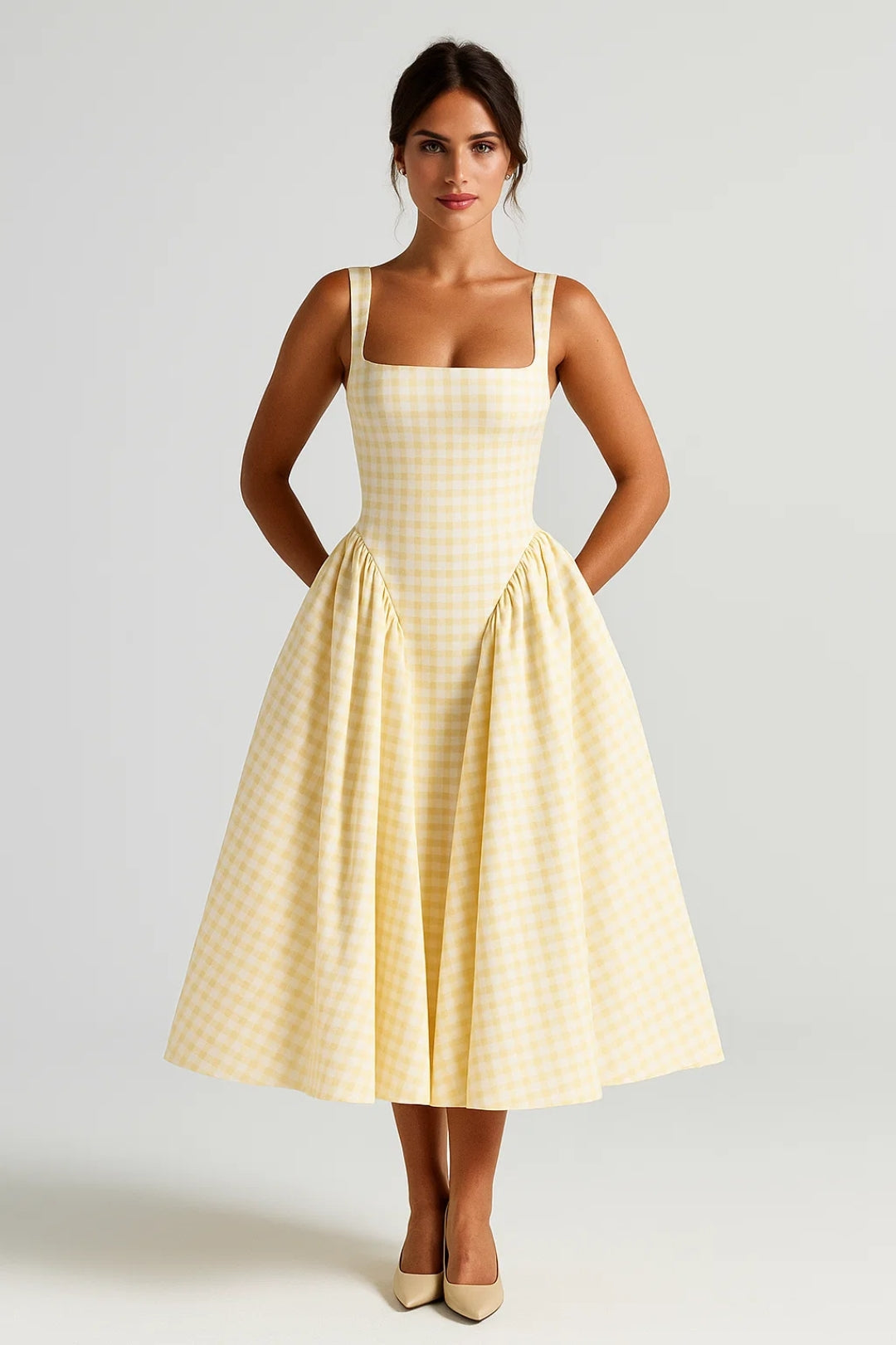 Nicolle | Women's Square Neck Flared Sleeveless Retro Check Midi Dress