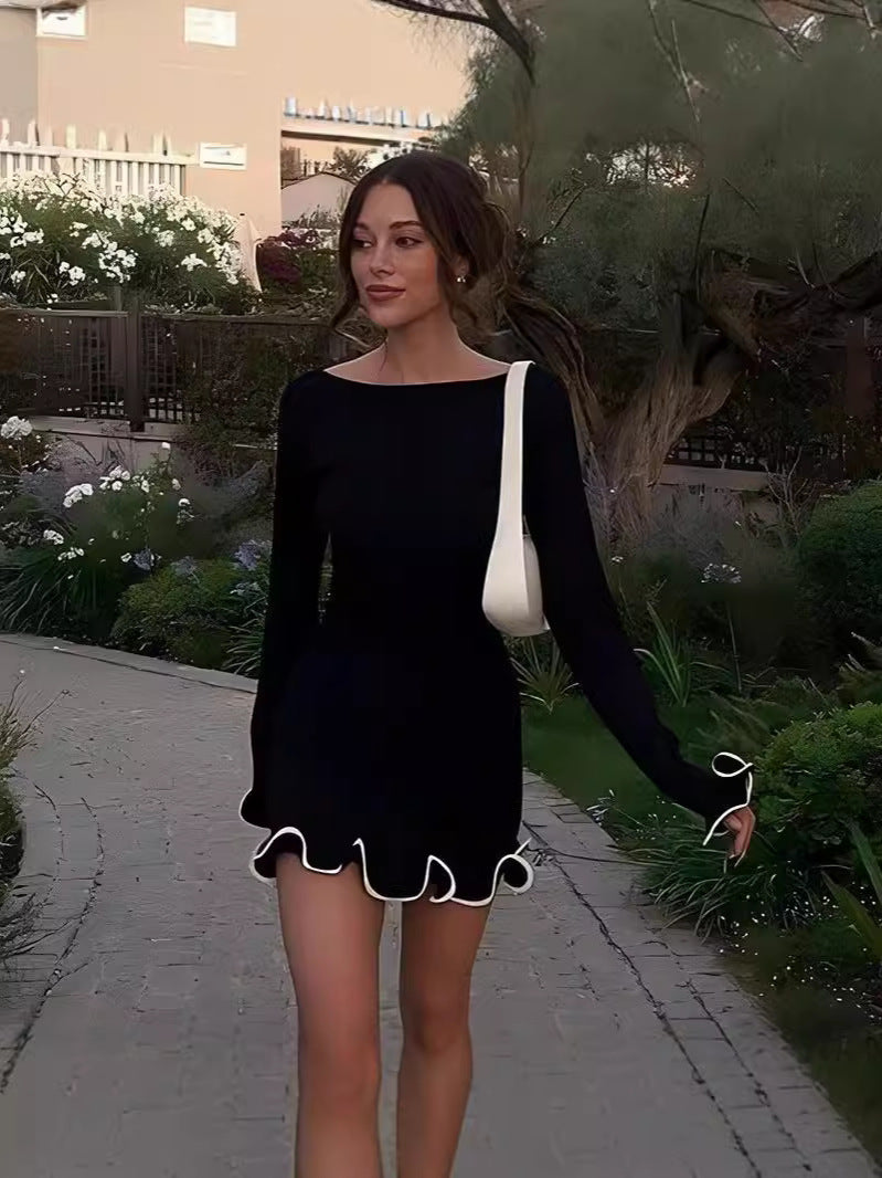 Gaze | Elegant Colourblock Wave Hem A-Line Long Sleeve Dress