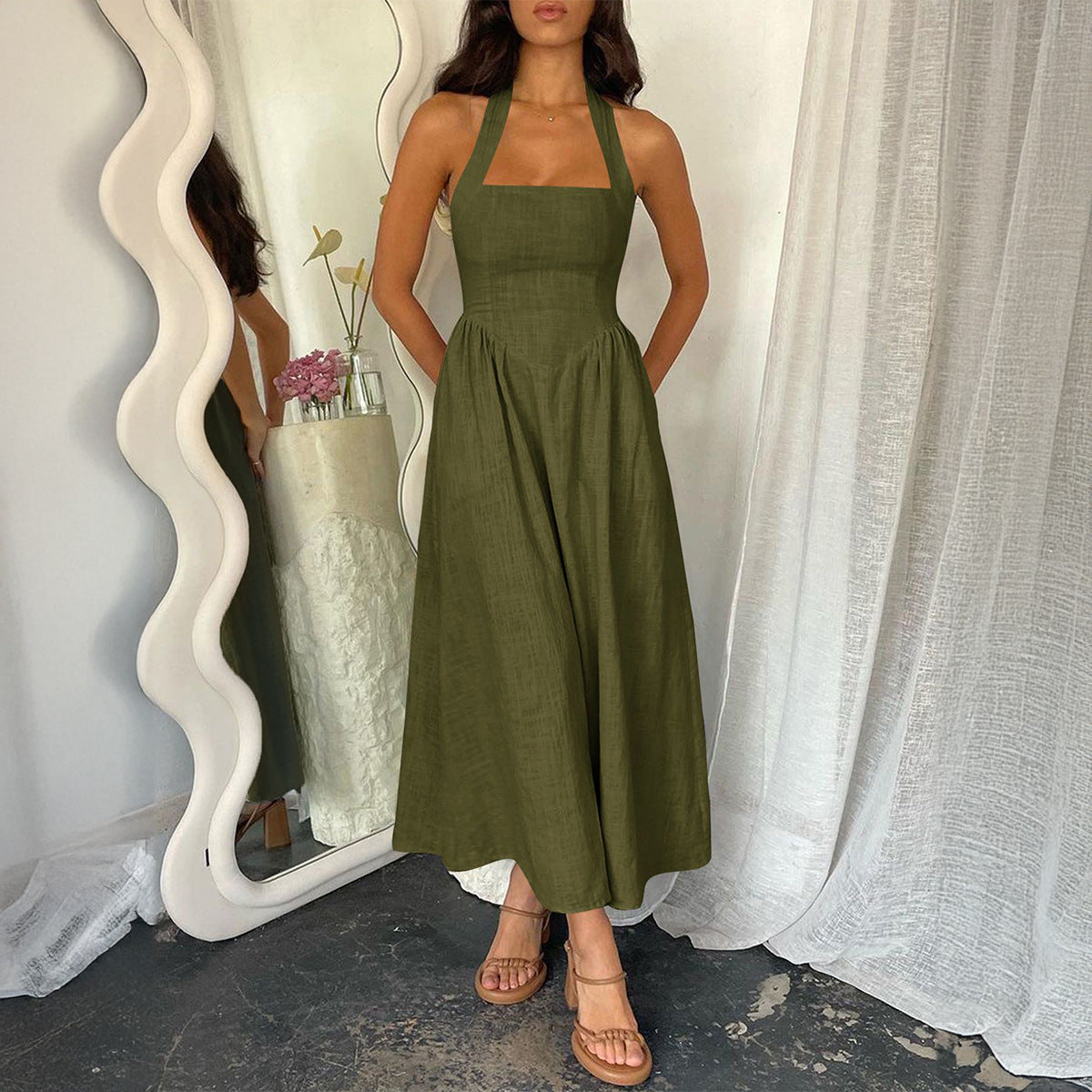 Lucienne | Vintage Sleeveless Halter Neck A Line Maxi Dress