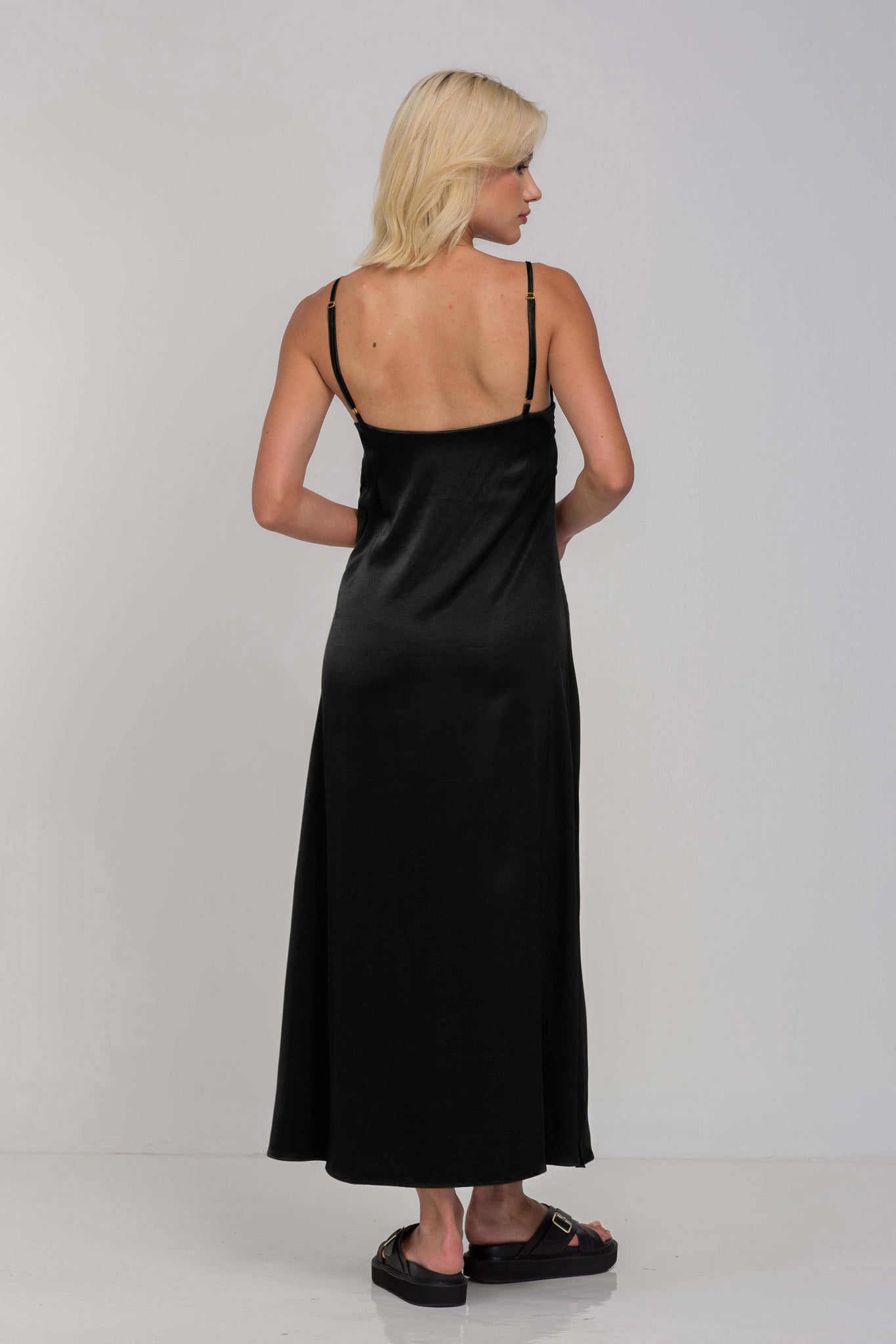 Camy | Luxurious Black Cami Satin Midi Dress Side Splits