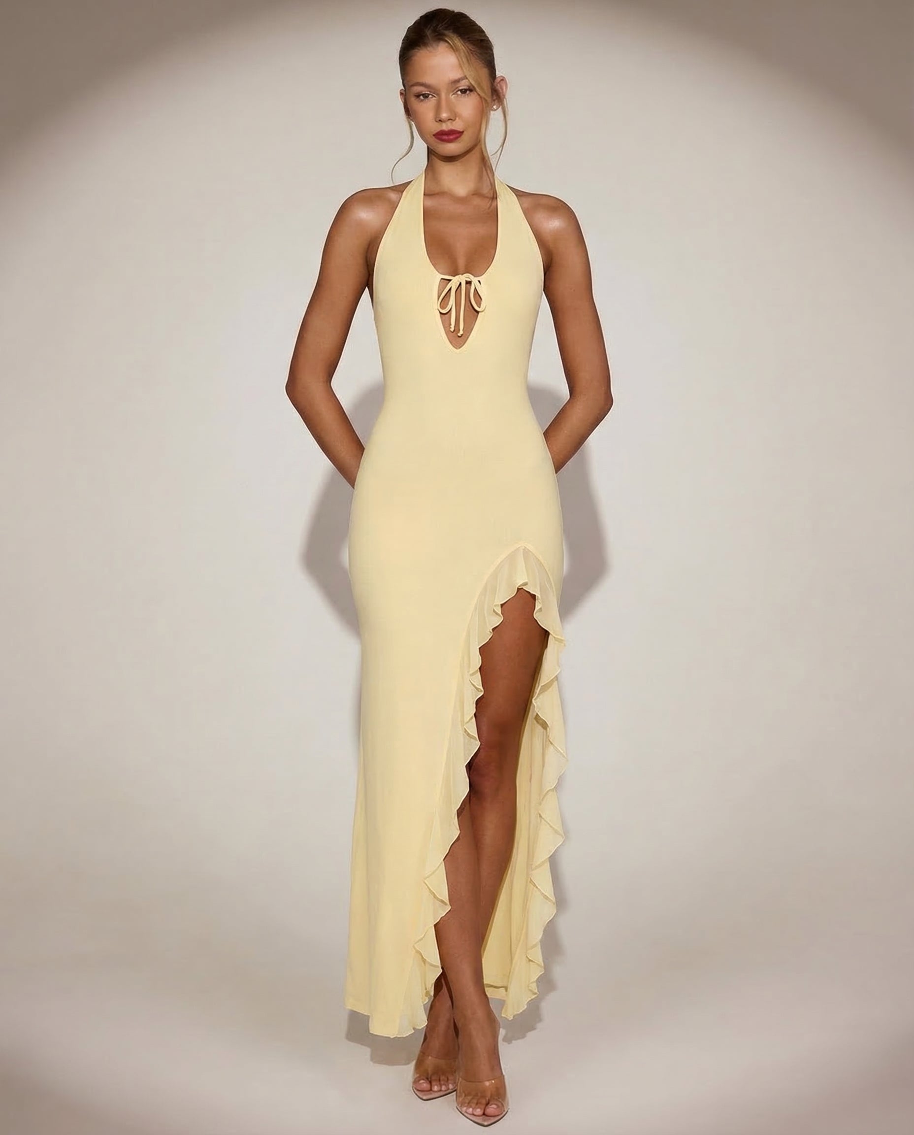 Shelly | Bold Plunging Backless Ruffle Maxi Dress