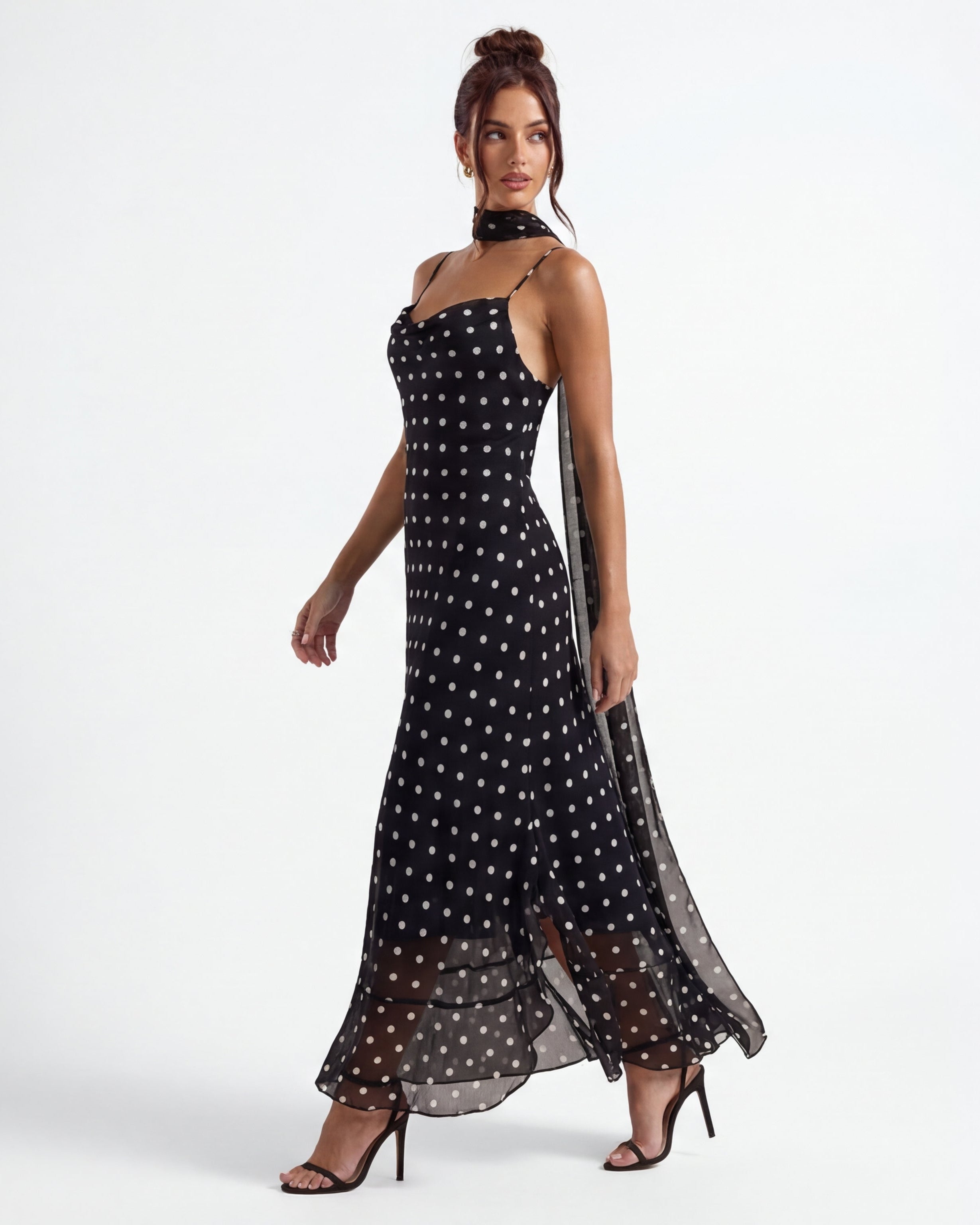 Noir | Chic Sheer-Hem Polka Dot Maxi Dress