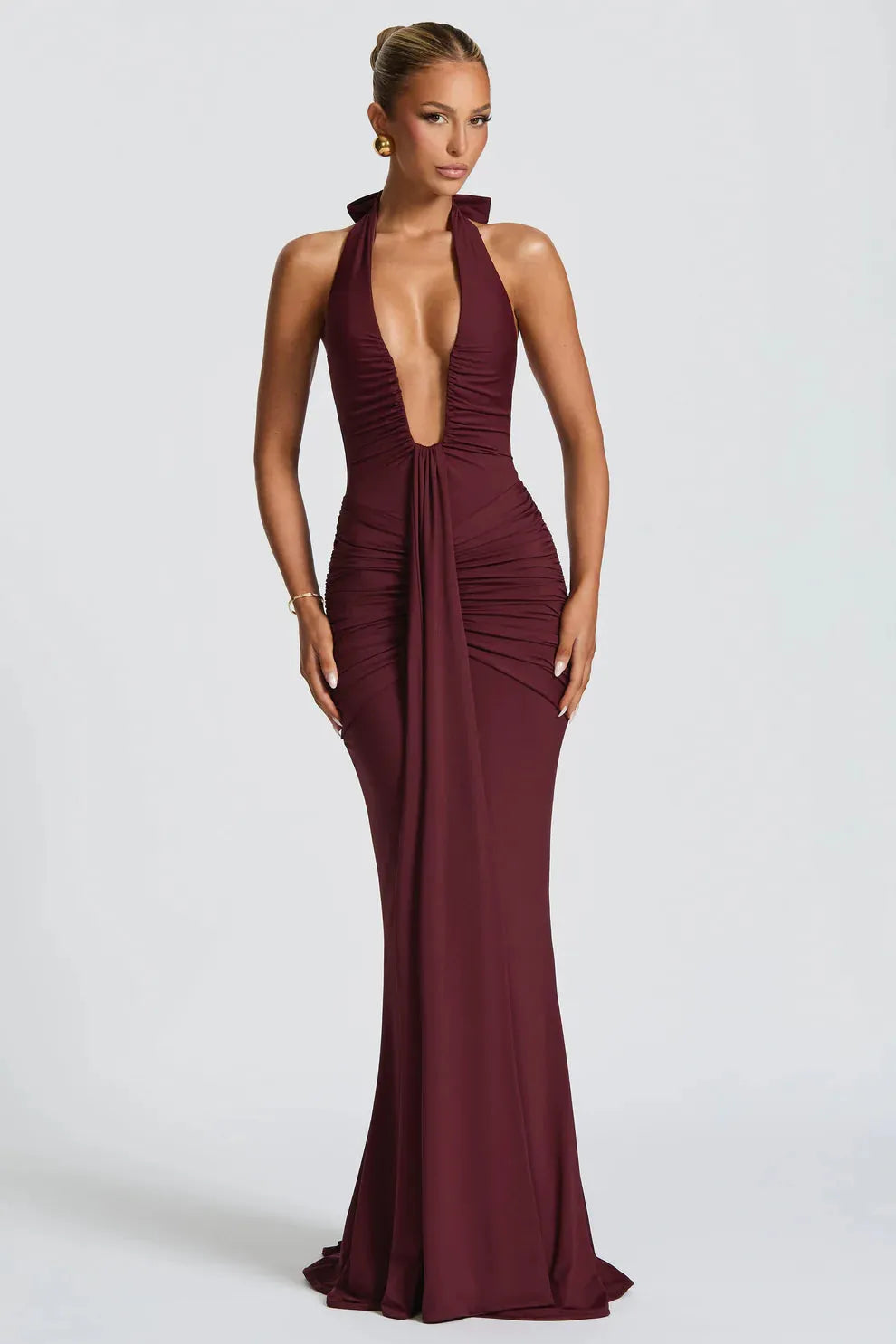 Bernadette | Elegant Plunging U-Wire Draped Jersey Maxi Dress