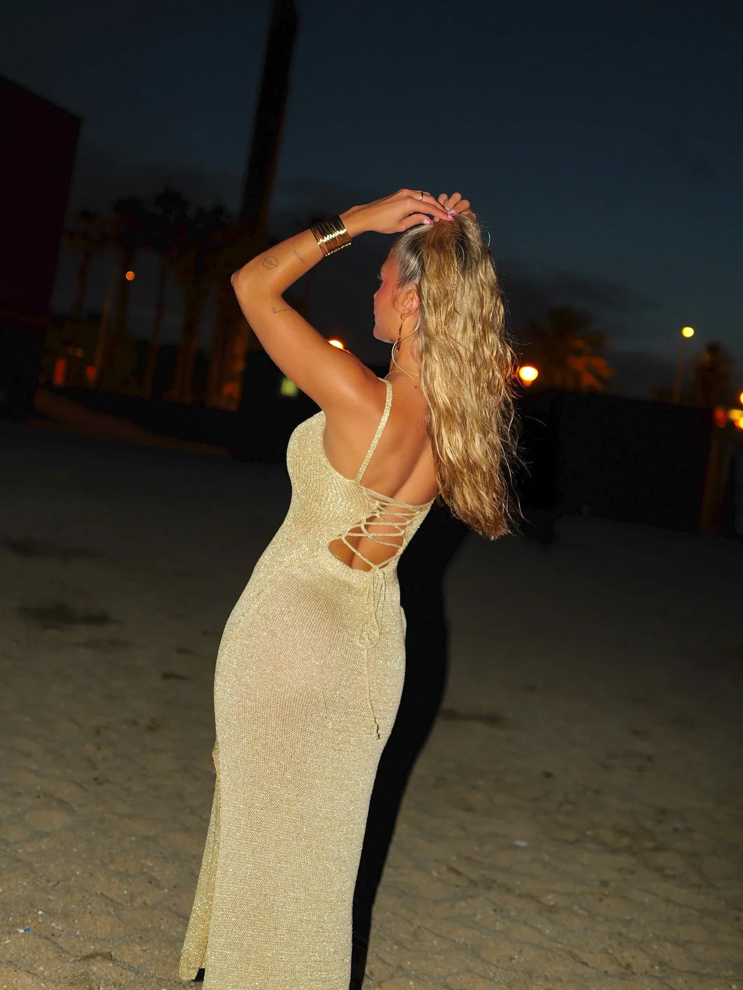 Isolde | Women's Metallic Lace-Up Shimmer Knit Maxi Dress