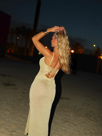 Isolde | Women's Metallic Lace-Up Shimmer Knit Maxi Dress