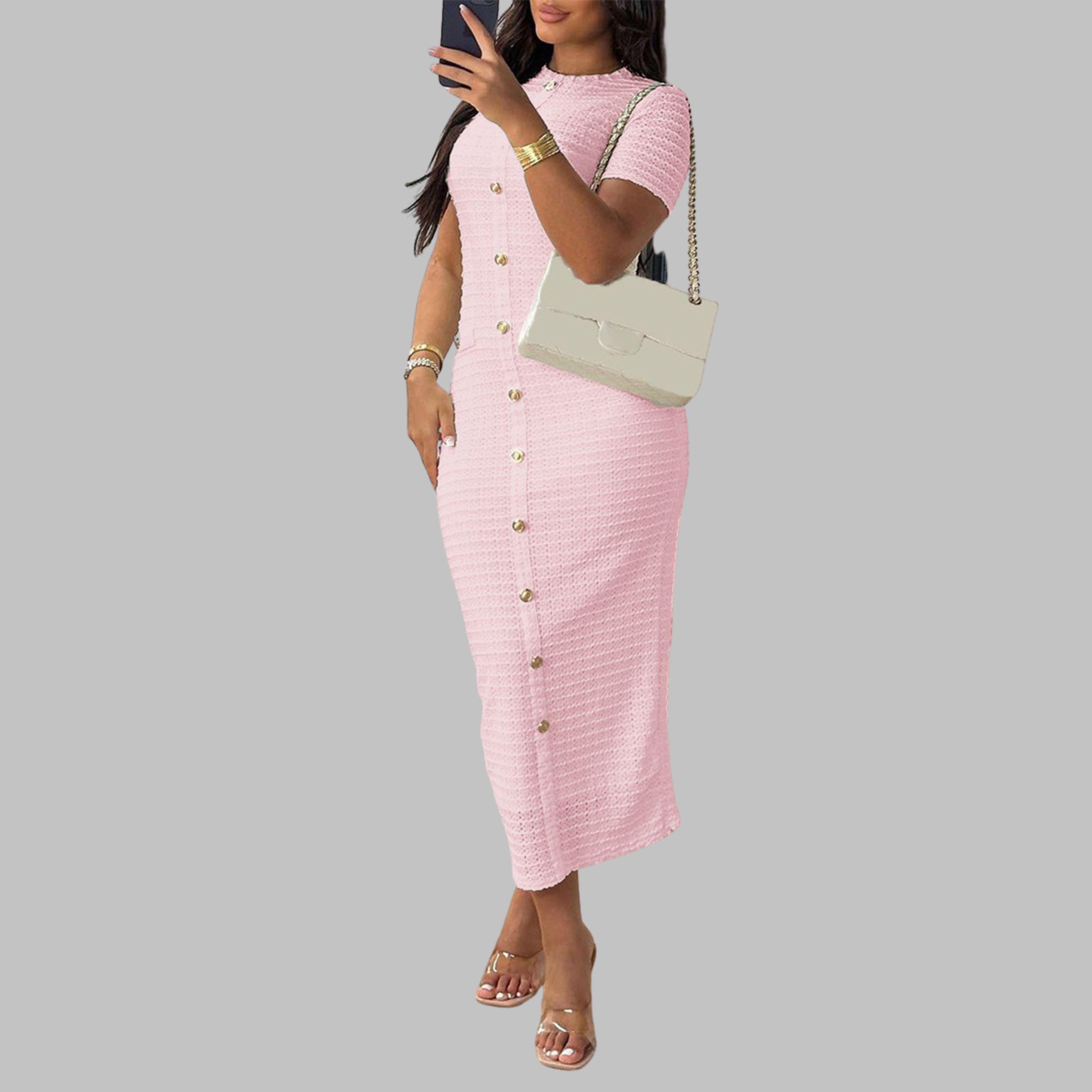 Lira | Elegant Round Neck Fake Button Dress