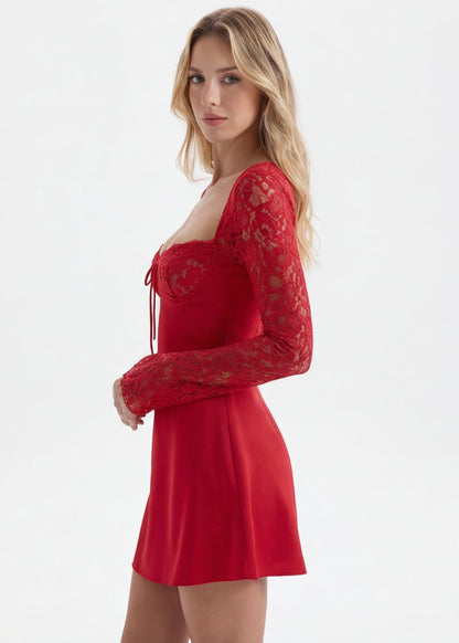 Samantha | Women's Lace-Sleeve Red Mini Dress