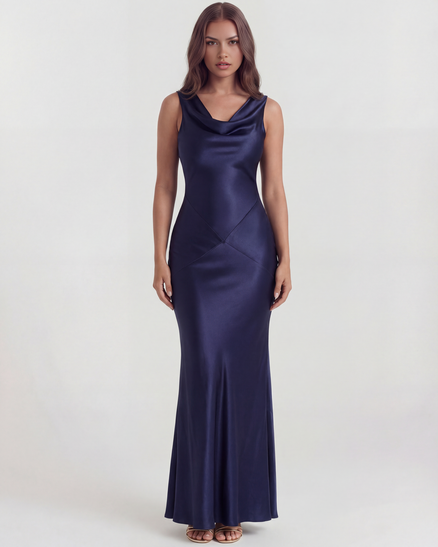 Sapphire | Women's Deep Blue Silky Satin Cowl Maxi Dress