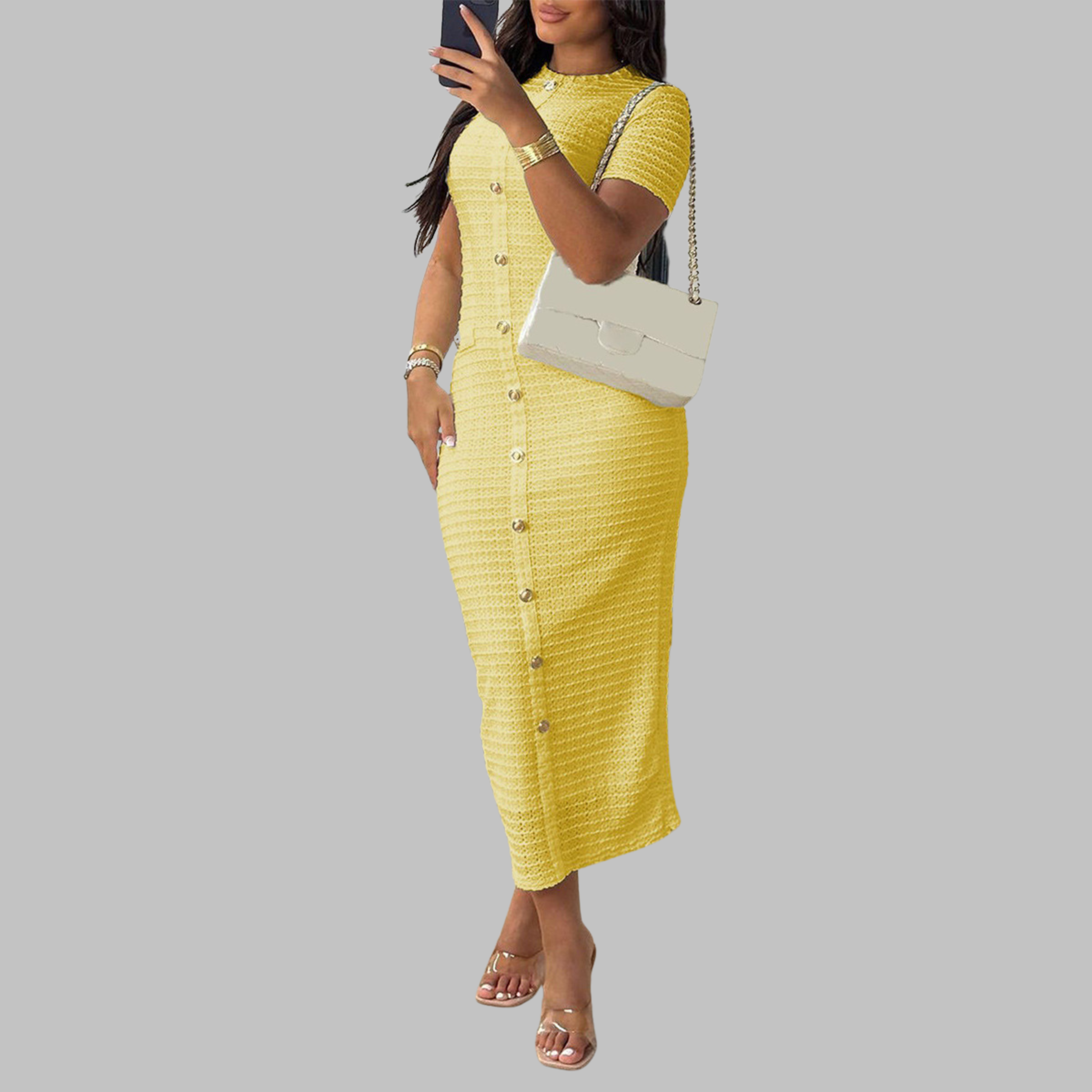 Lira | Elegant Round Neck Fake Button Dress