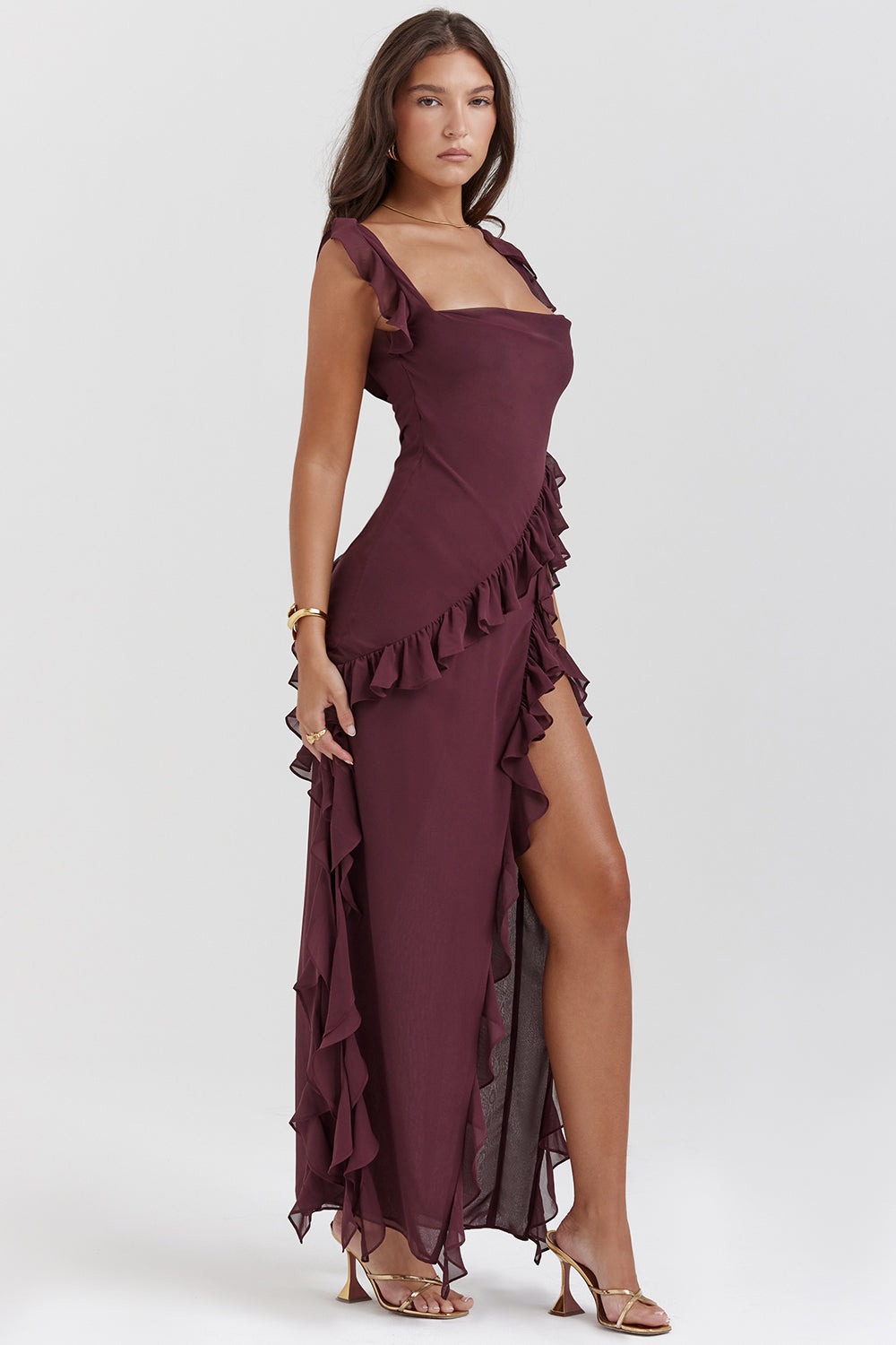 Soho | Women's Flowing Square-Neck Ruffle Slit Maxi Dress