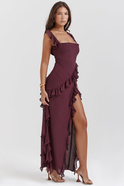 Soho | Women's Flowing Square-Neck Ruffle Slit Maxi Dress