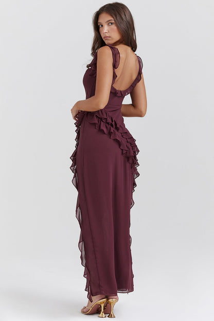 Soho | Women's Flowing Square-Neck Ruffle Slit Maxi Dress