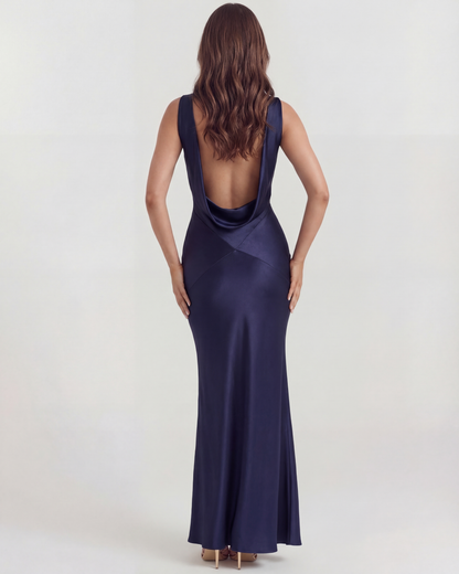Sapphire | Women's Deep Blue Silky Satin Cowl Maxi Dress