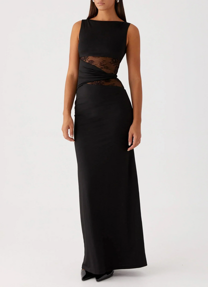 Flux | Women's Minimalist Lace-Cutout Black Maxi Dress