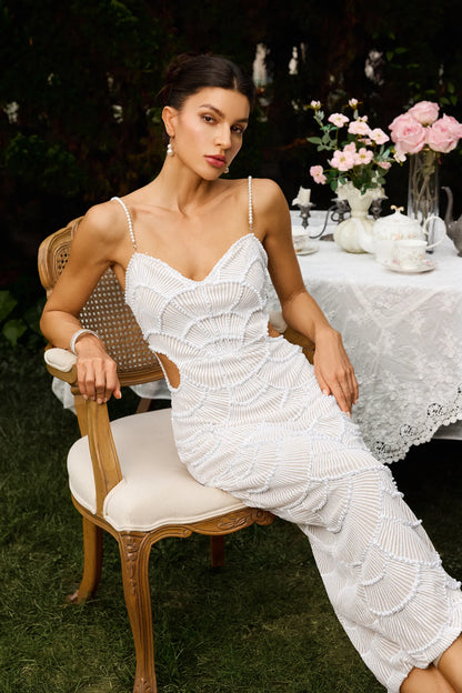 Pearl | Women's Fan-Beaded Sequin Cut-Out Midi Dress