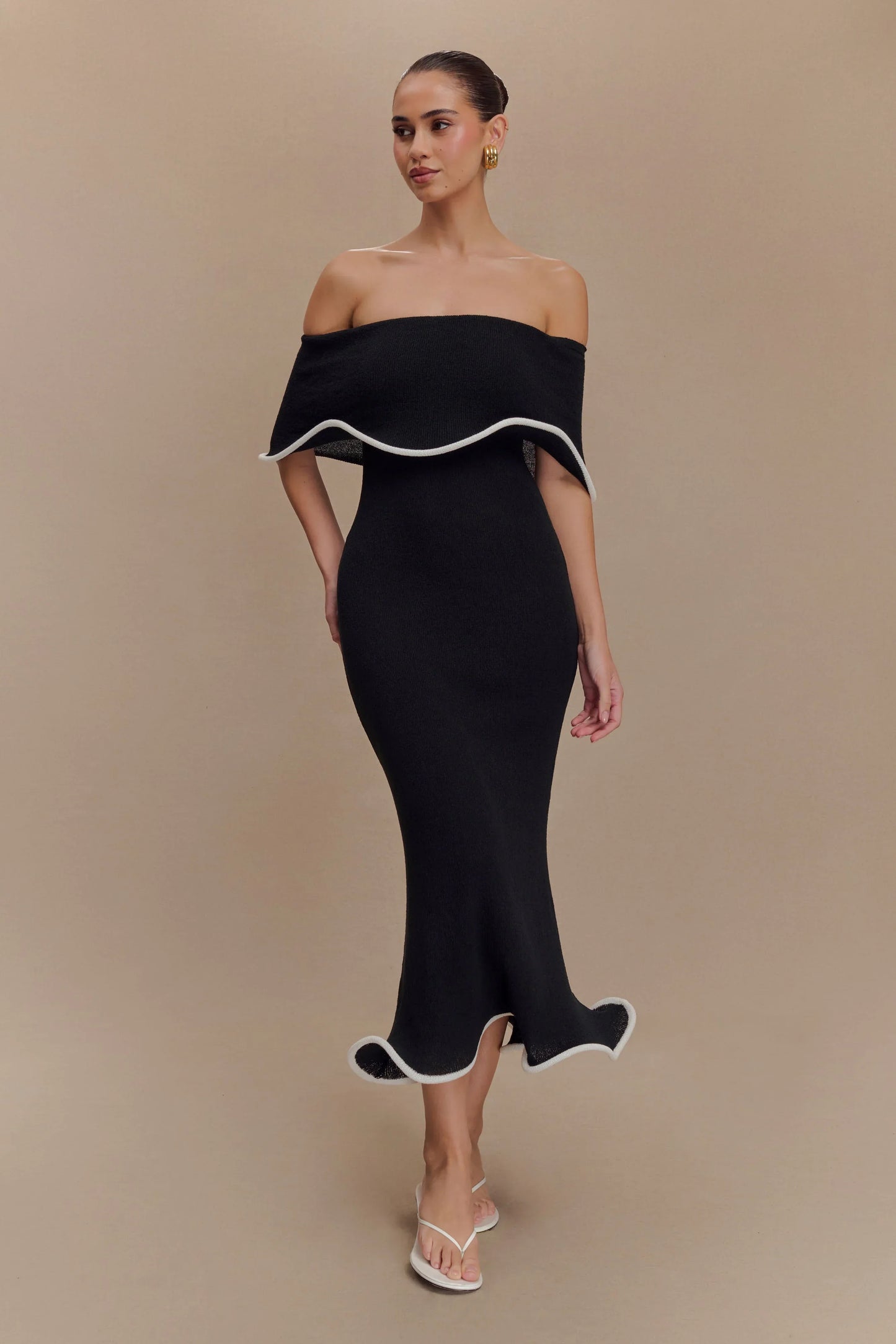 Melania | Women's Off-The-Shoulder Sculptural Ruffle Midi Dress