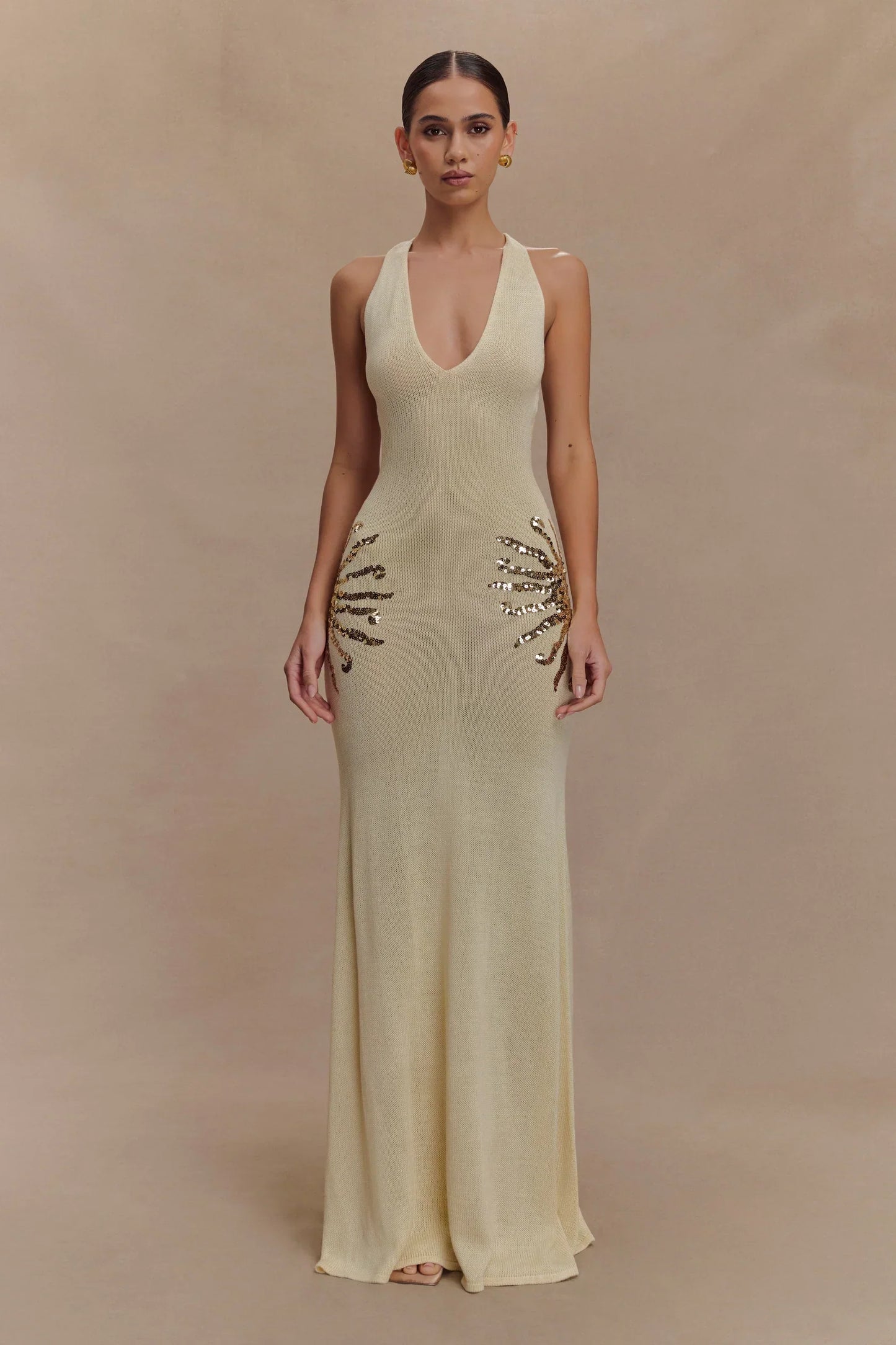 Corinne | Women's Shimmer Knit Sequin Sunburst Maxi Dress