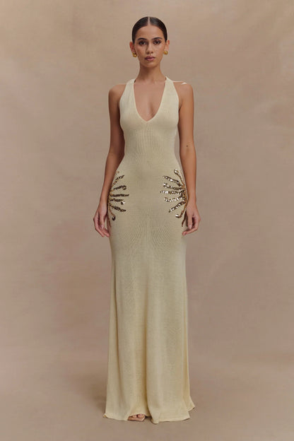 Corinne | Women's Shimmer Knit Sequin Sunburst Maxi Dress