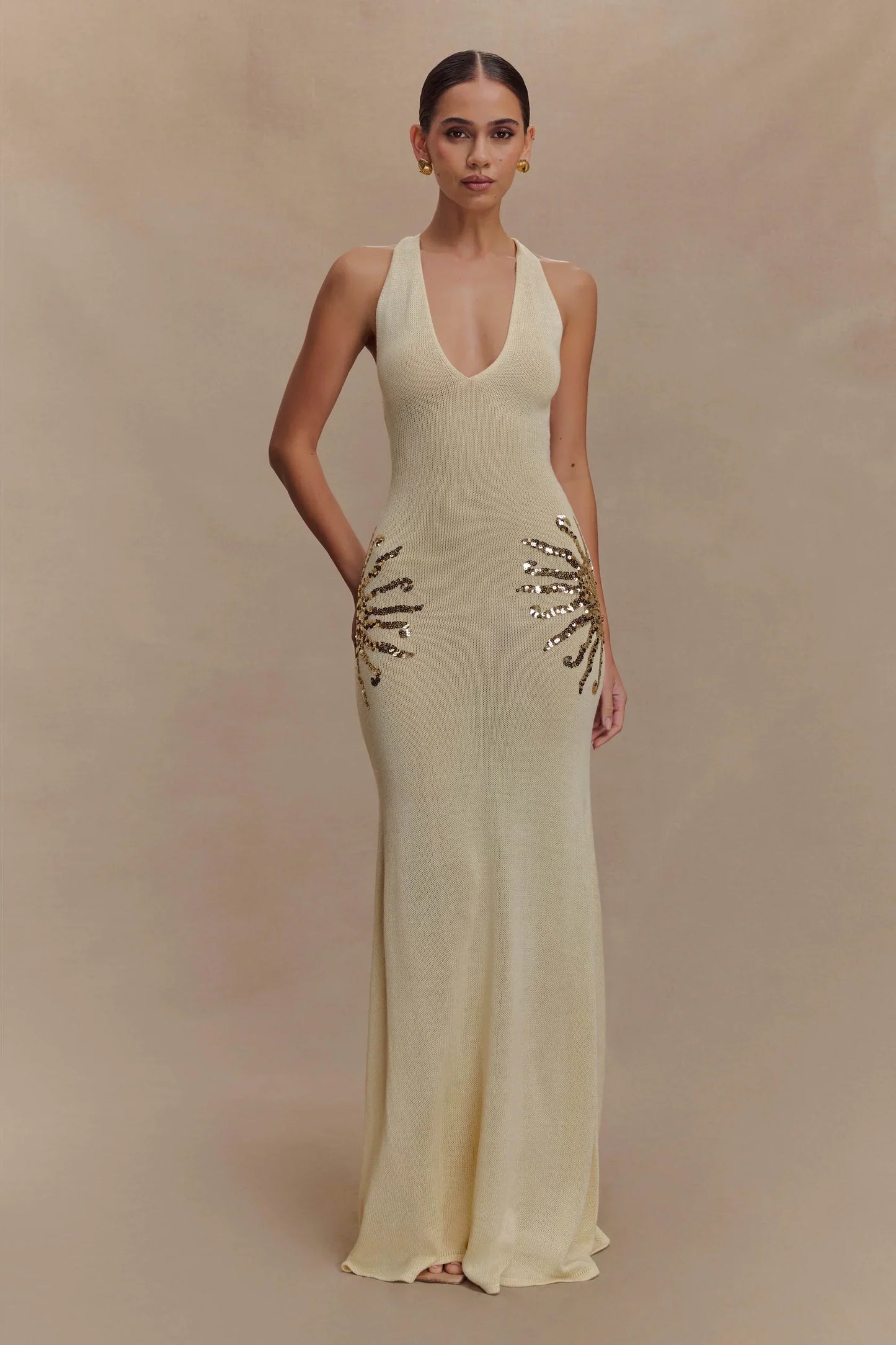 Corinne | Women's Shimmer Knit Sequin Sunburst Maxi Dress