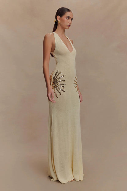 Corinne | Women's Shimmer Knit Sequin Sunburst Maxi Dress