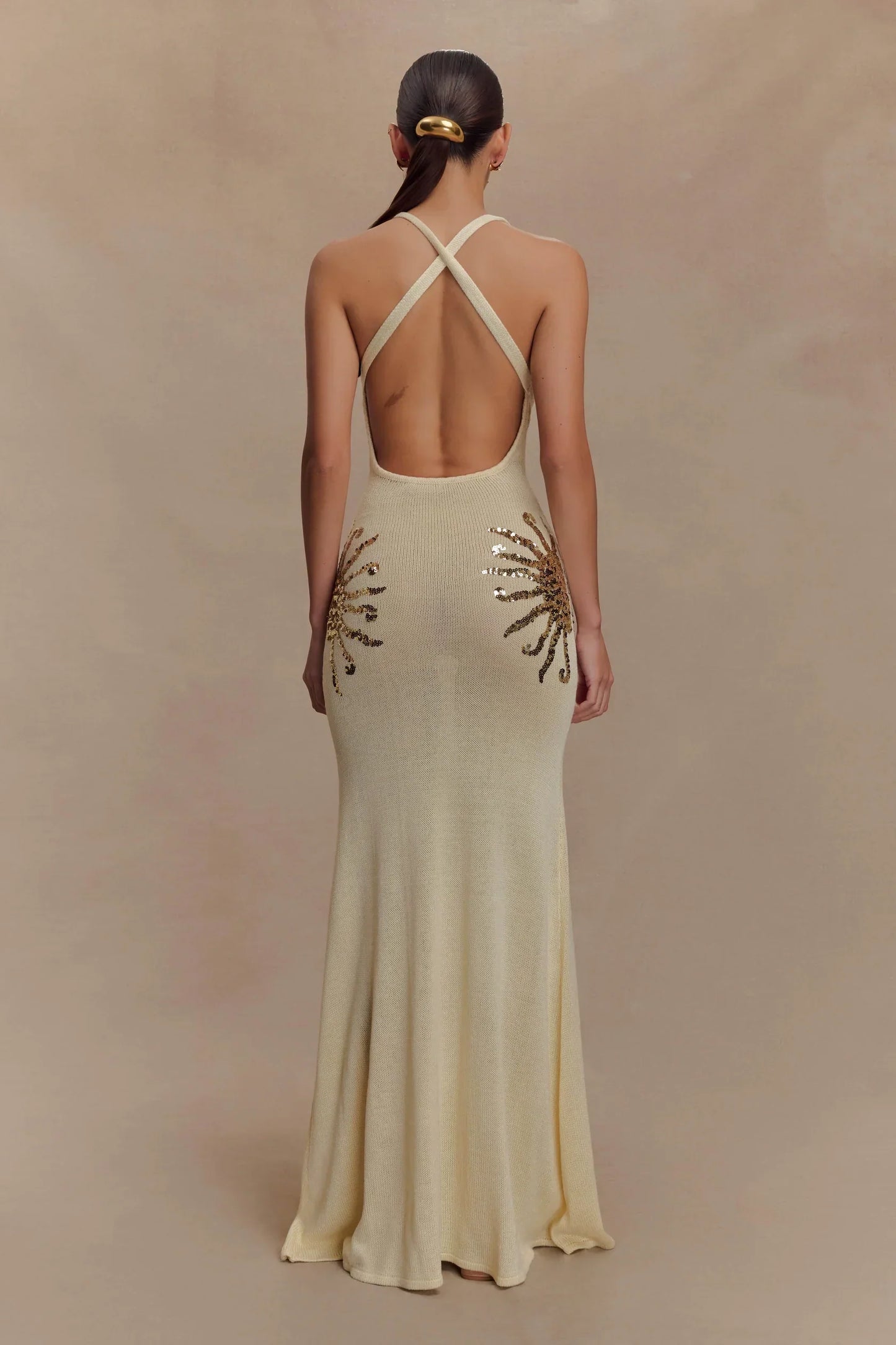 Corinne | Women's Shimmer Knit Sequin Sunburst Maxi Dress