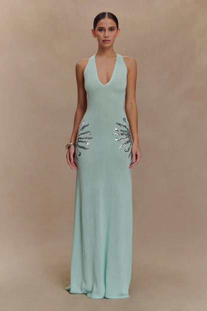 Corinne | Women's Shimmer Knit Sequin Sunburst Maxi Dress