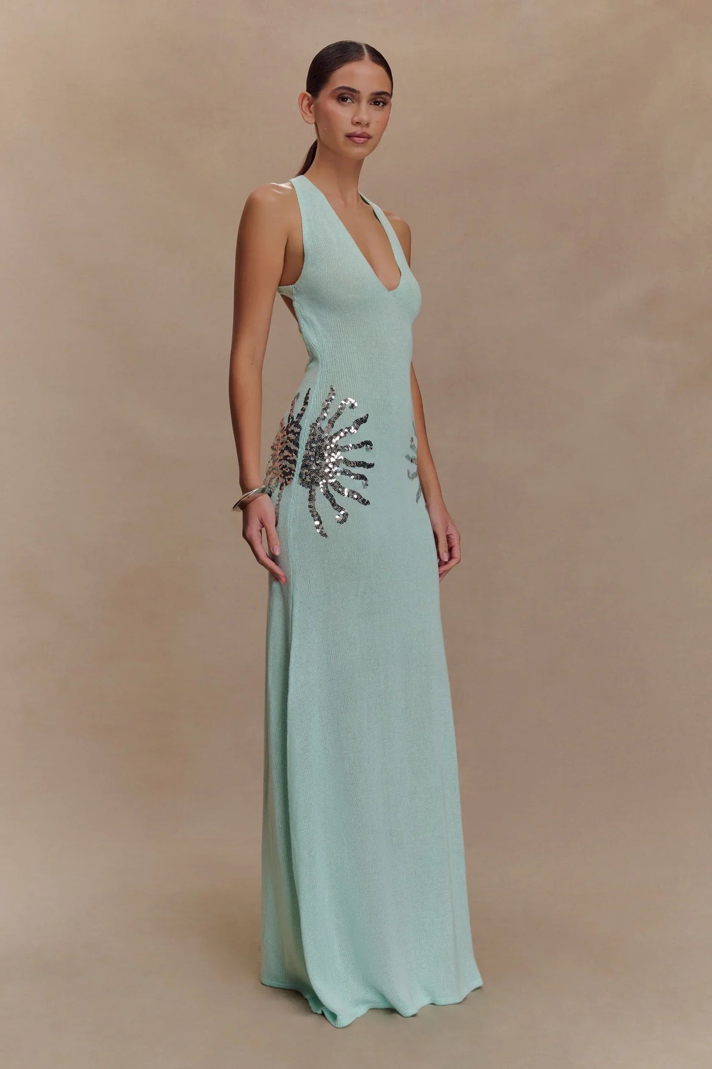 Corinne | Women's Shimmer Knit Sequin Sunburst Maxi Dress