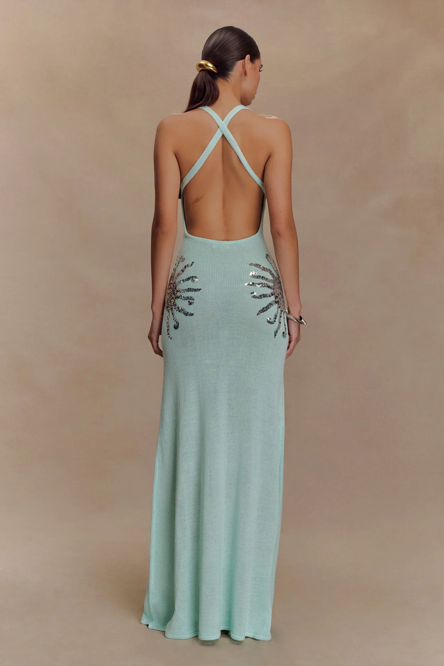 Corinne | Women's Shimmer Knit Sequin Sunburst Maxi Dress