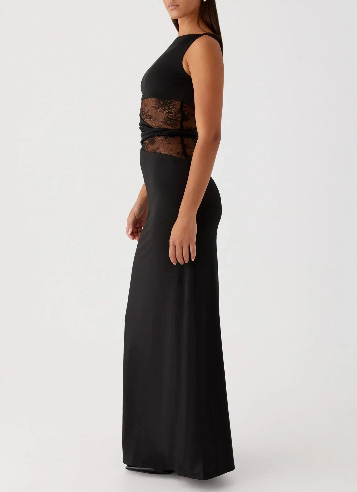 Flux | Women's Minimalist Lace-Cutout Black Maxi Dress