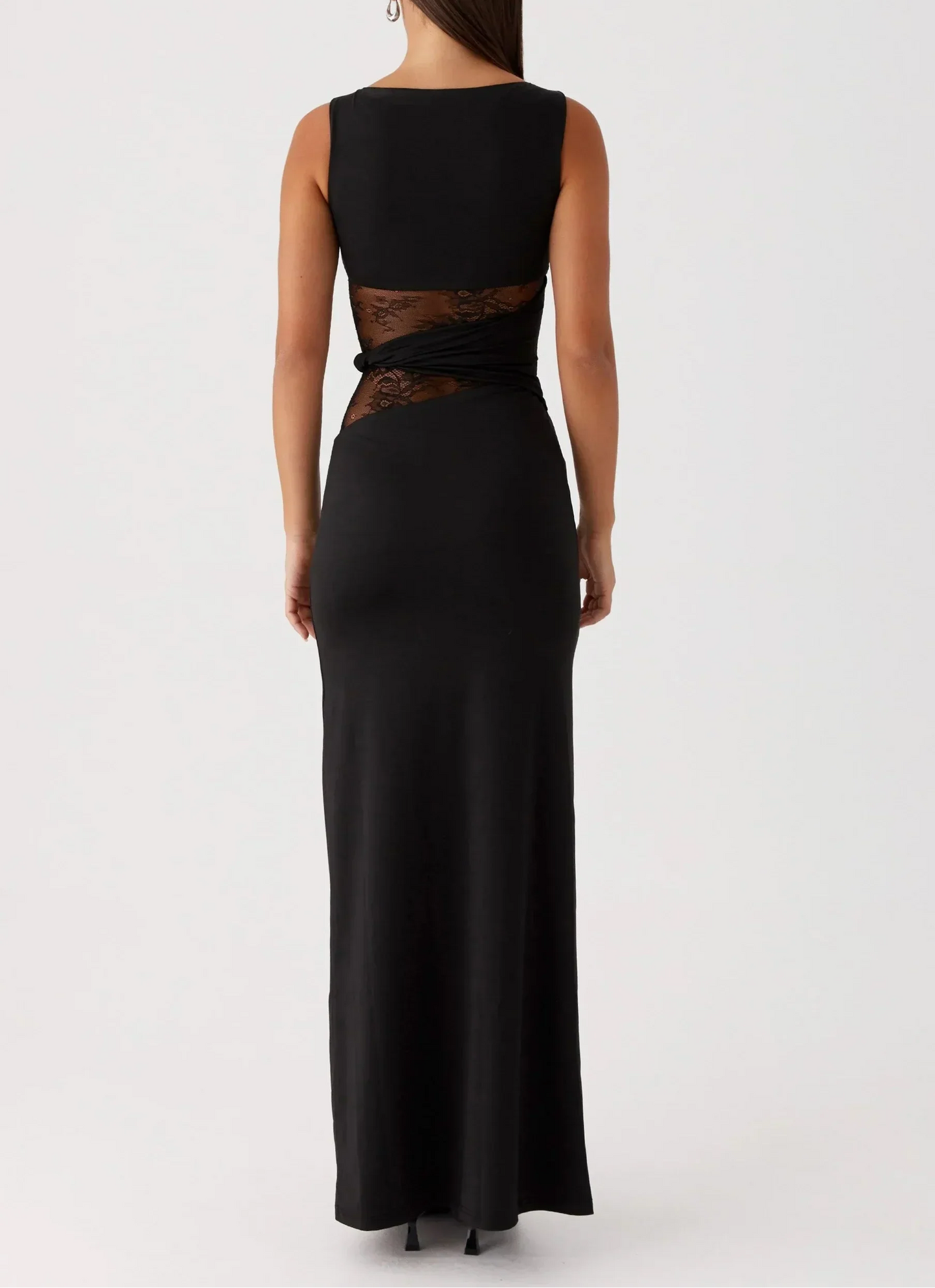 Flux | Women's Minimalist Lace-Cutout Black Maxi Dress