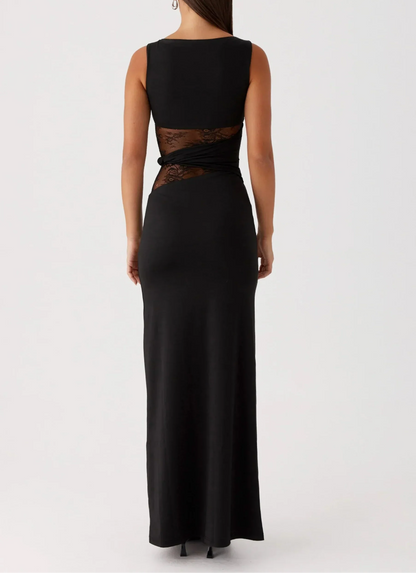 Flux | Women's Minimalist Lace-Cutout Black Maxi Dress