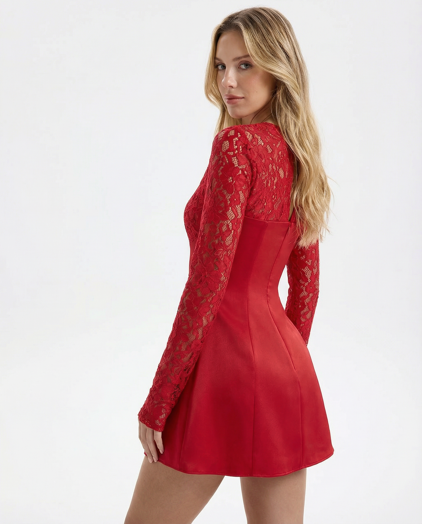 Samantha | Women's Lace-Sleeve Red Mini Dress
