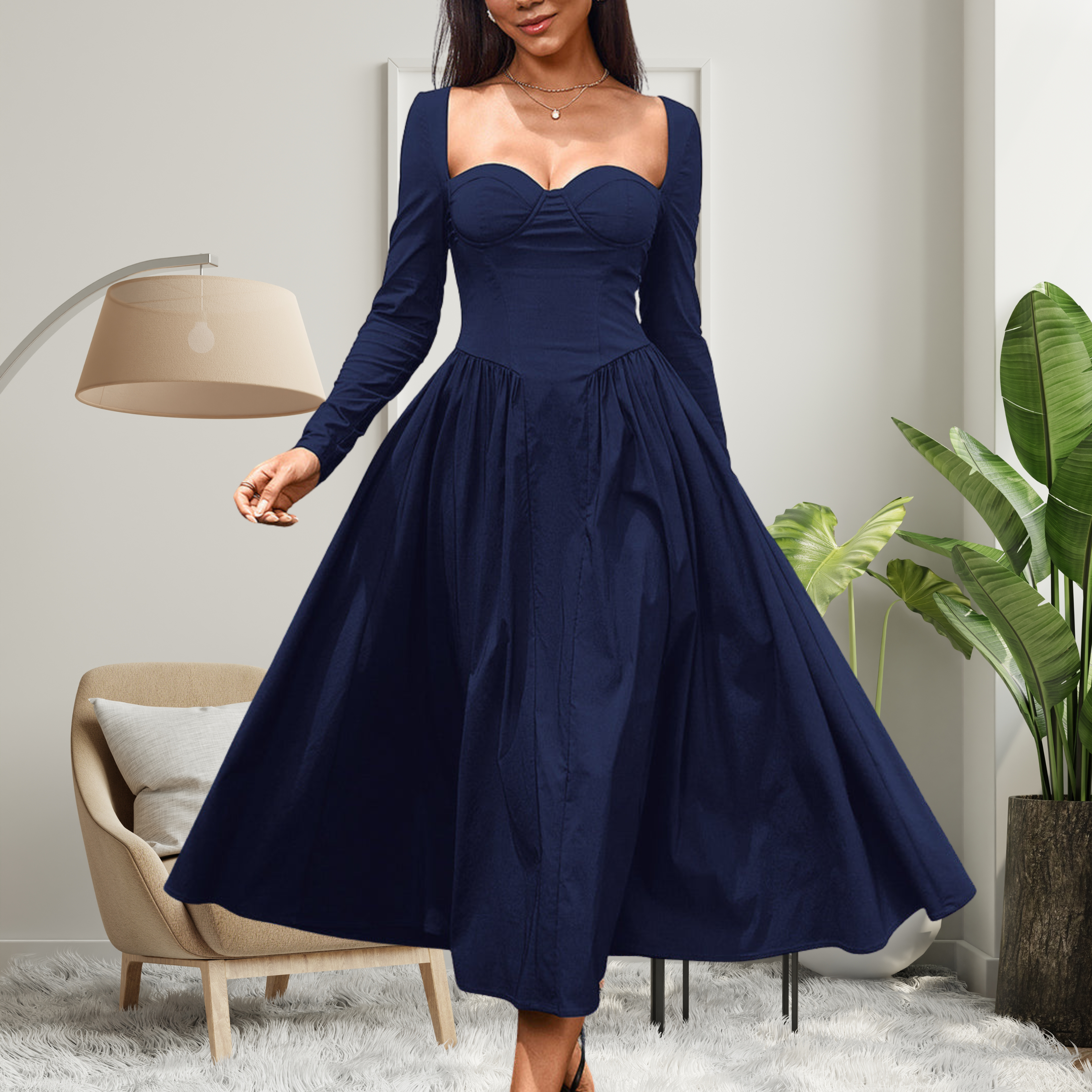 Amelie | Elegant Heart Neckline Long Sleeve A-Line Maxi Dress