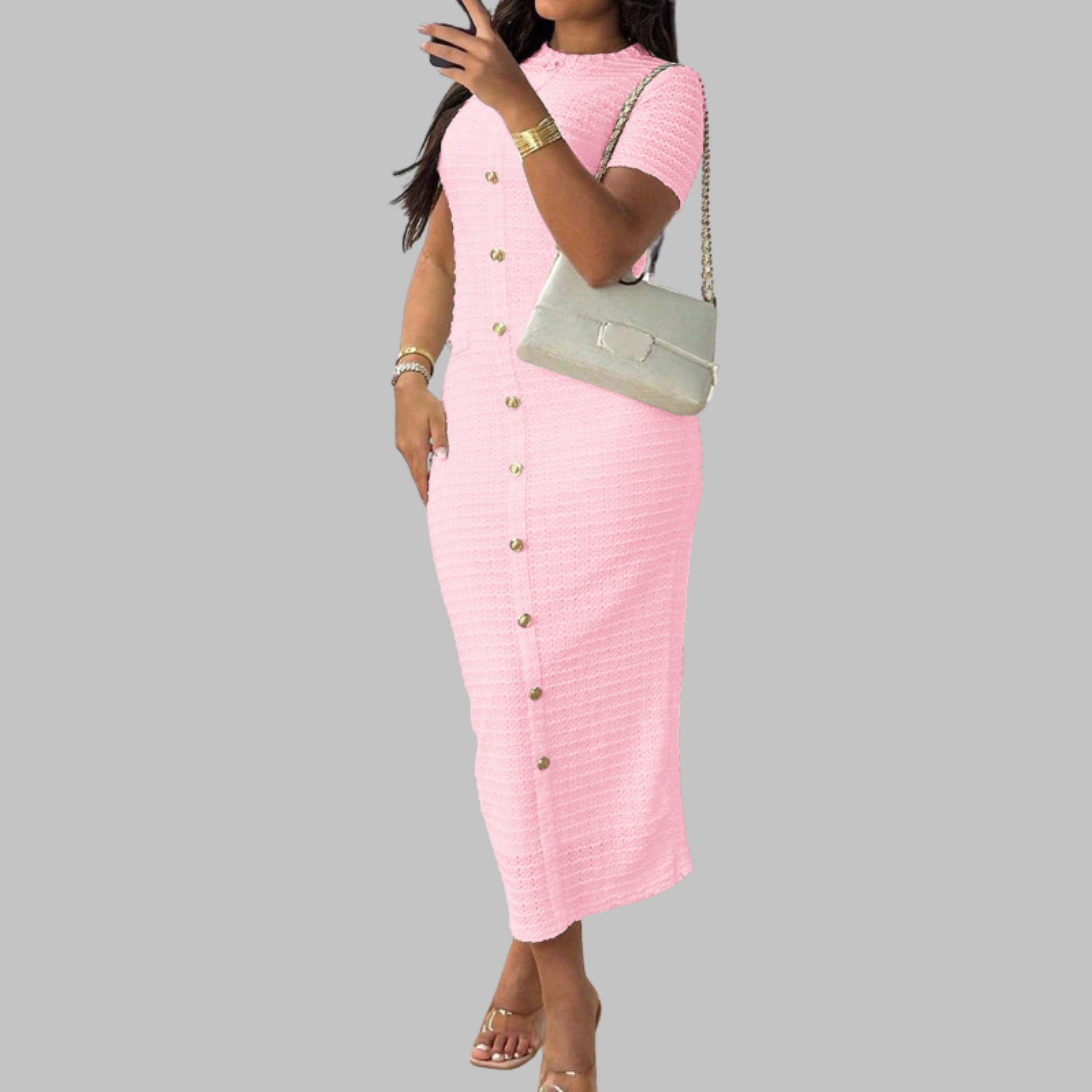 Lira | Elegant Round Neck Fake Button Dress