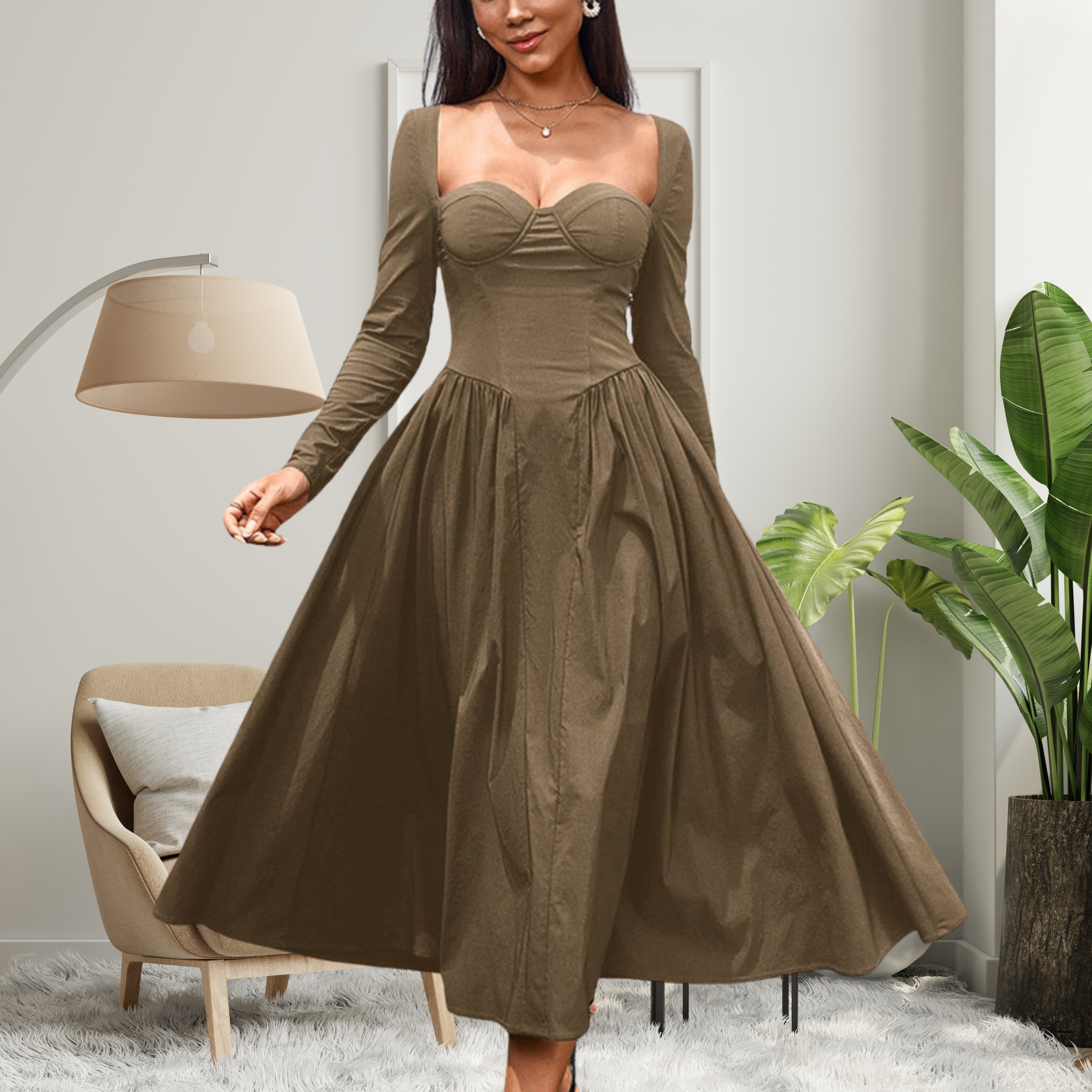 Amelie | Elegant Heart Neckline Long Sleeve A-Line Maxi Dress