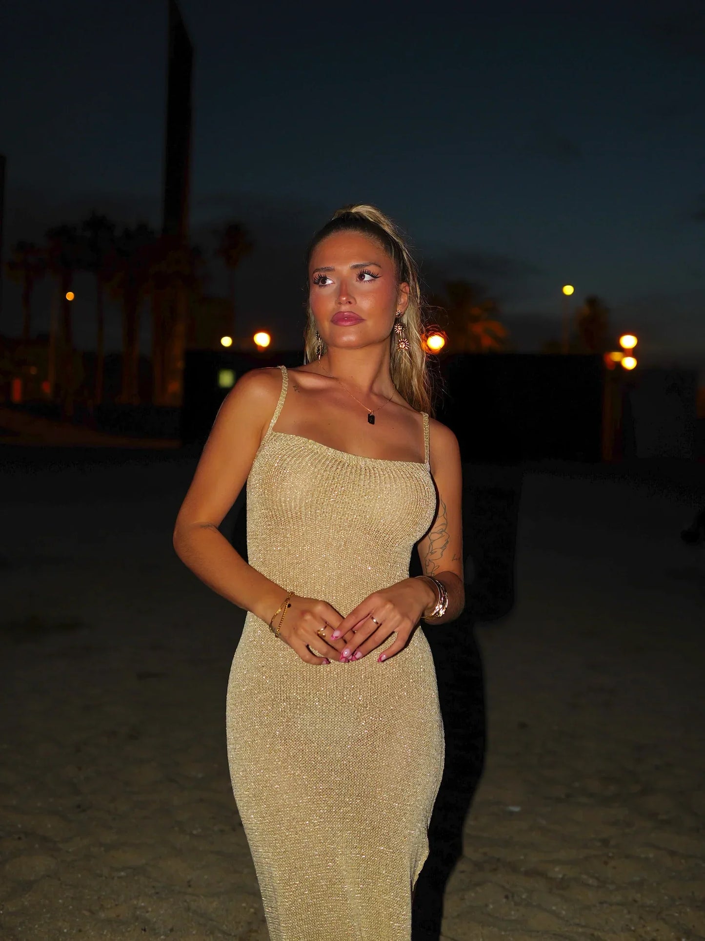 Isolde | Women's Metallic Lace-Up Shimmer Knit Maxi Dress