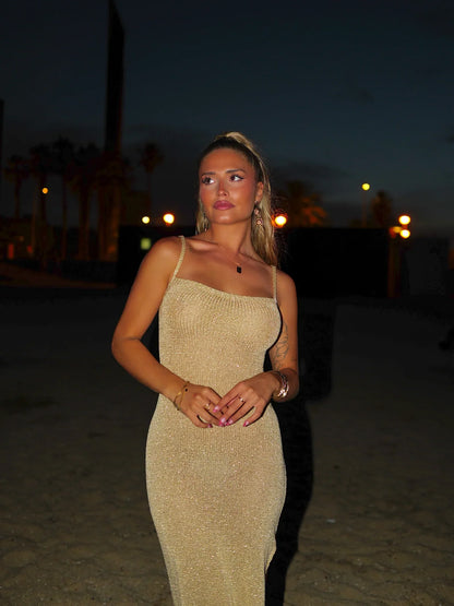 Isolde | Women's Metallic Lace-Up Shimmer Knit Maxi Dress