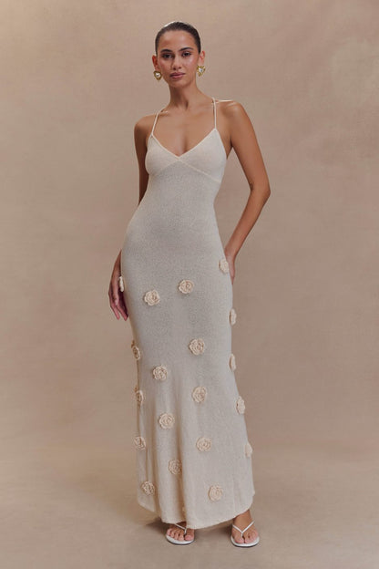 Trice | Women's V-Neck 3D Floral Appliqué Knit Maxi Dress